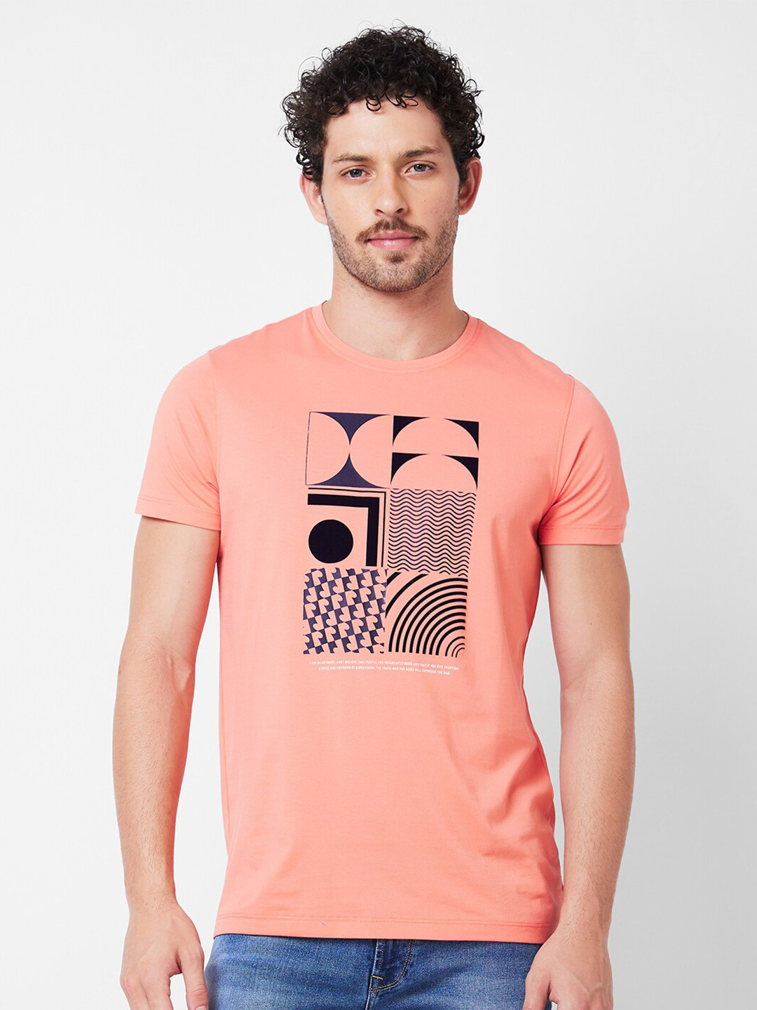 

SPYKAR Graphic Printed Round Neck Slim Fit Cotton Casual T-shirt, Pink
