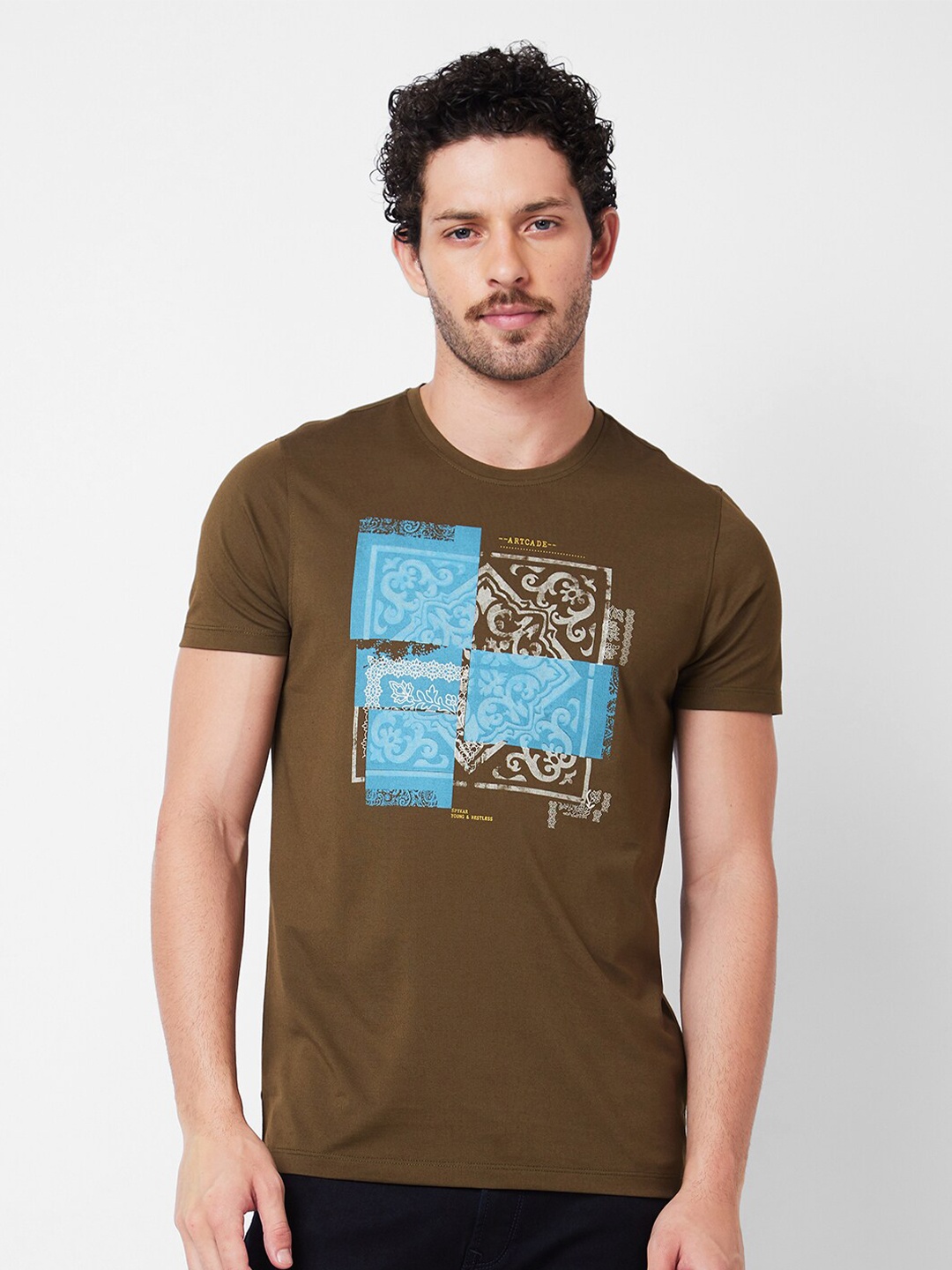 

SPYKAR Graphic Printed Cotton Slim Fit T-shirt, Brown