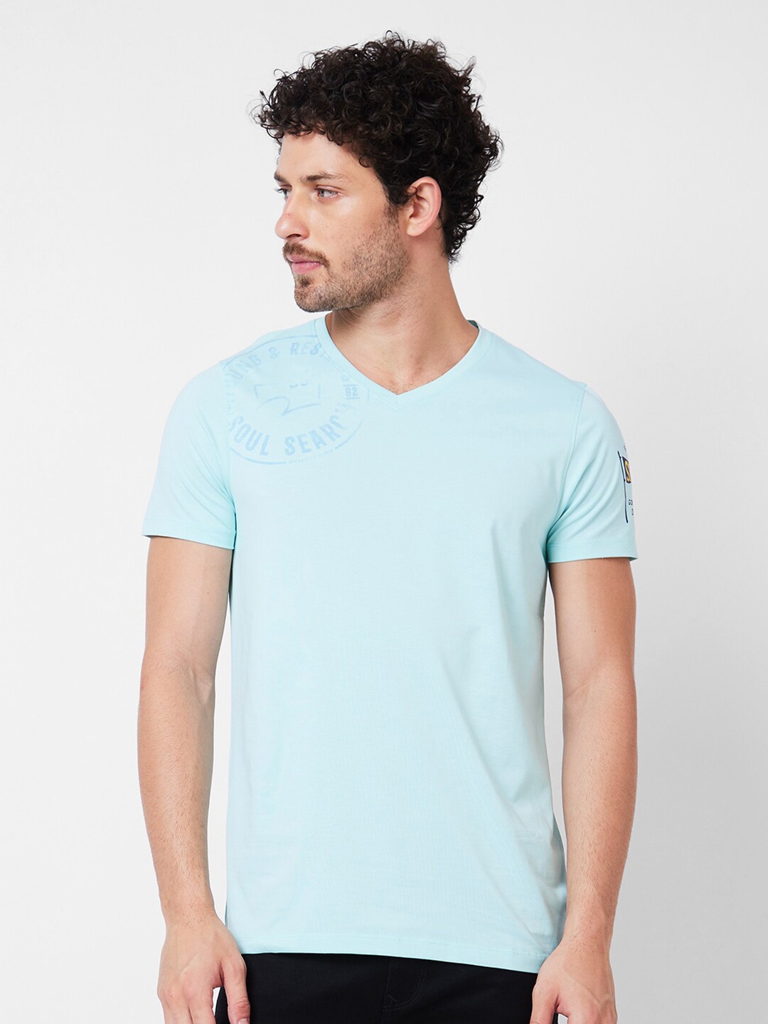 

SPYKAR Typography Printed V-Neck Cotton Slim Fit T-shirt, Blue