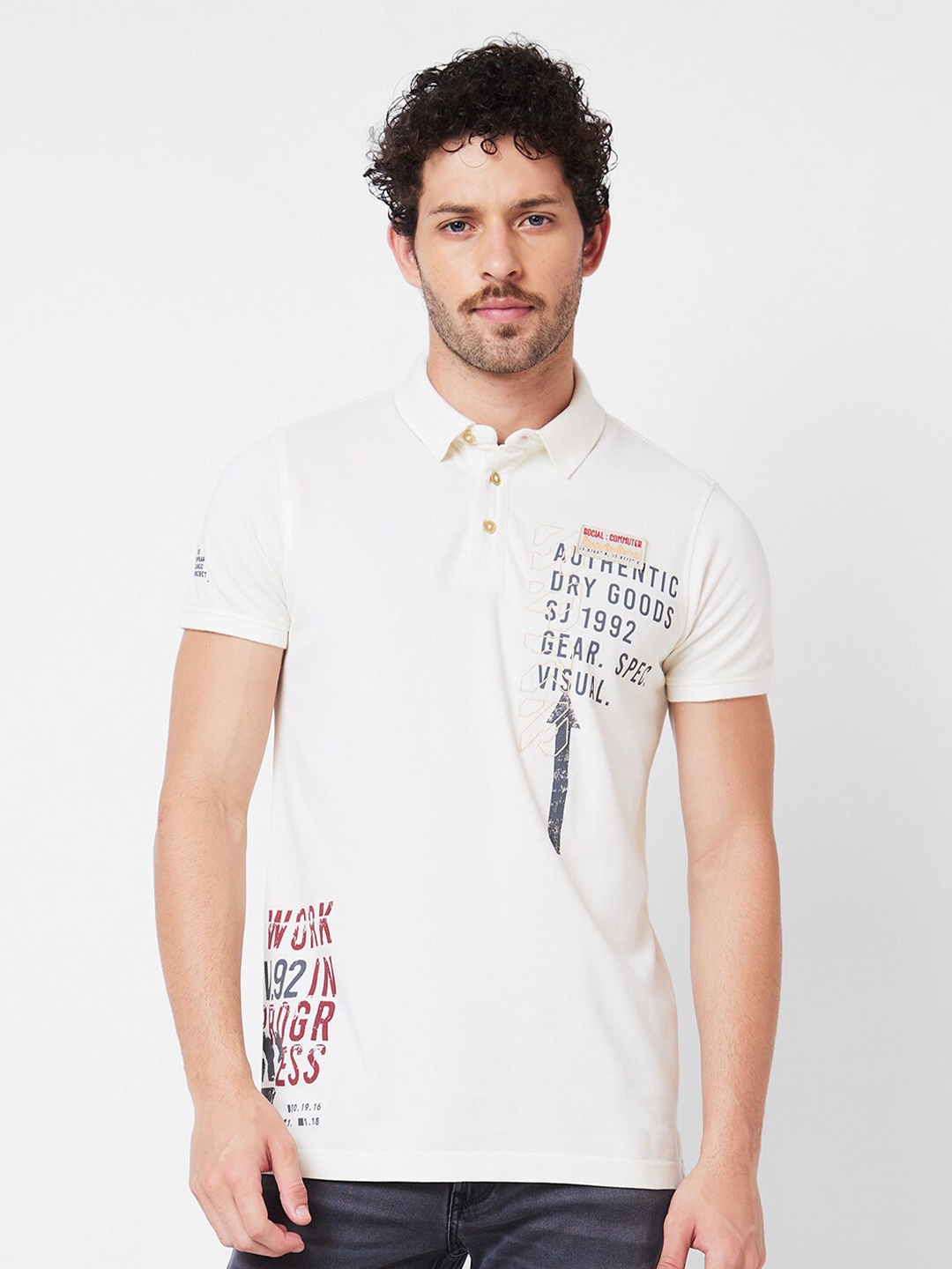 

SPYKAR Typography Printed Polo Collar Cotton Slim Fit T-shirt, White