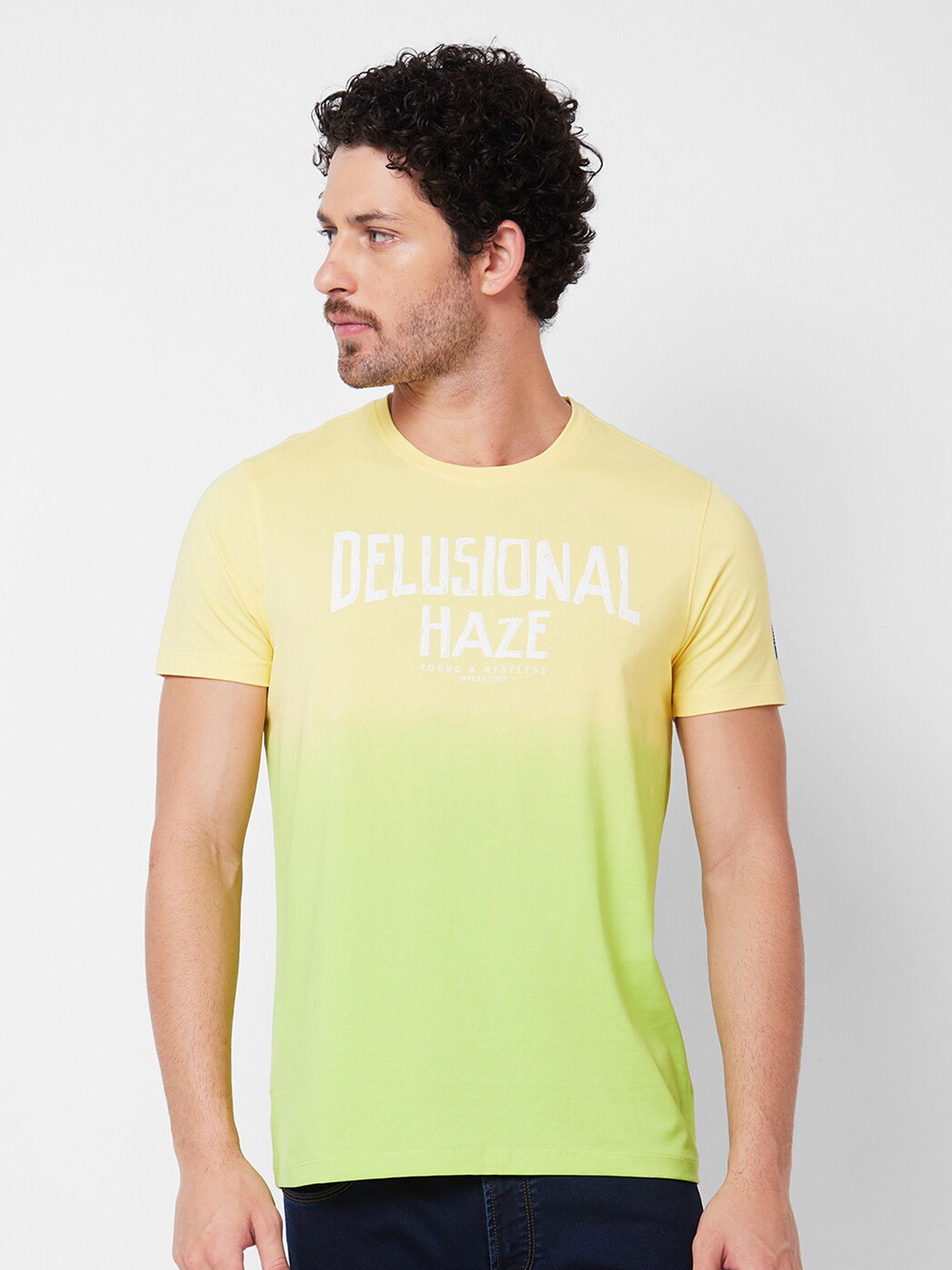

SPYKAR Typography Printed Cotton Slim Fit T-shirt, Yellow