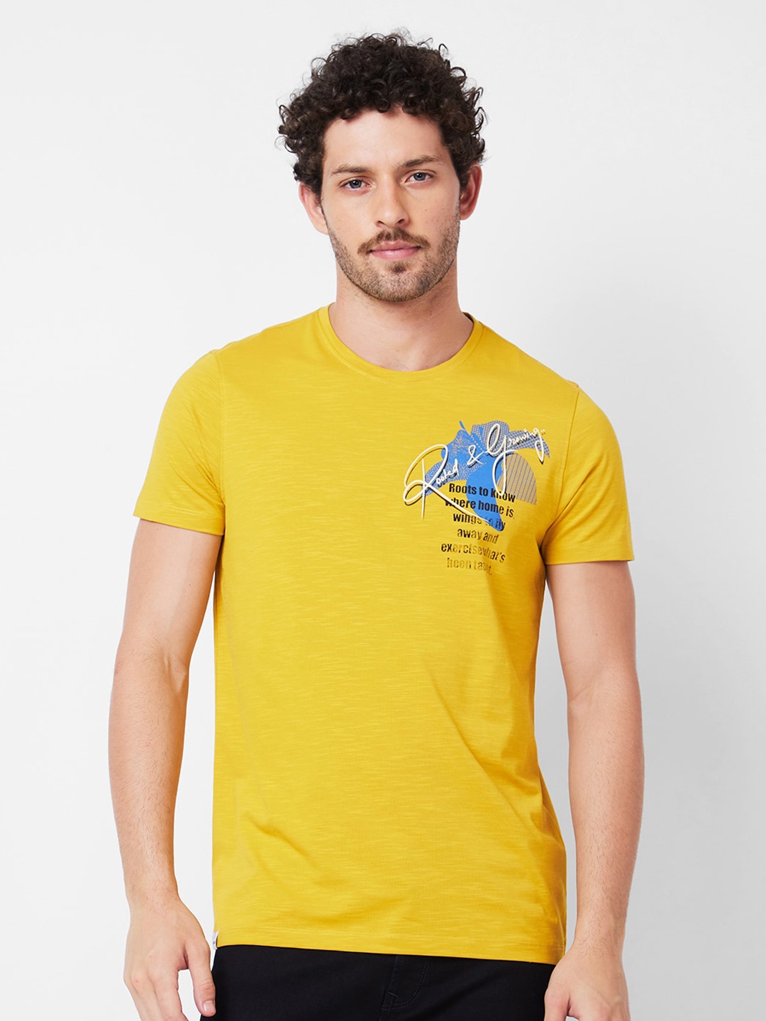 

SPYKAR Typography Printed Cotton Slim Fit T-shirt, Yellow