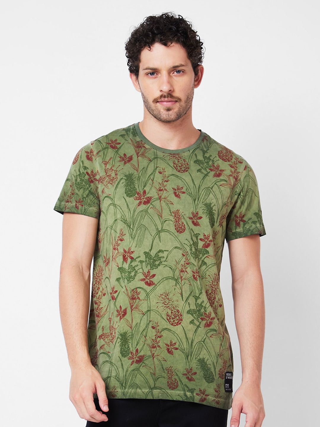 

SPYKAR Floral Printed Cotton Slim Fit T-shirt, Green