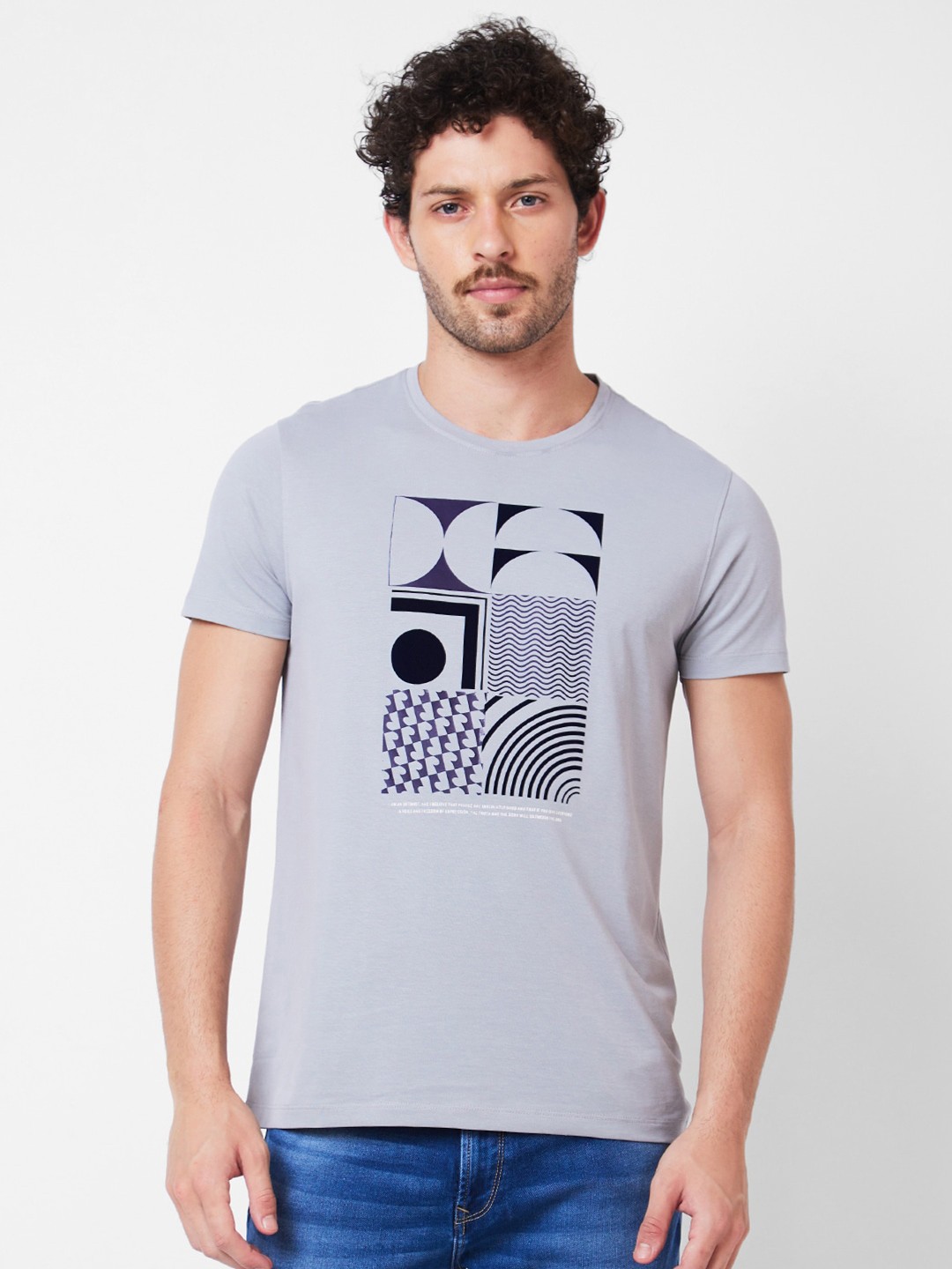

SPYKAR Graphic Printed Cotton Slim Fit T-shirt, Grey