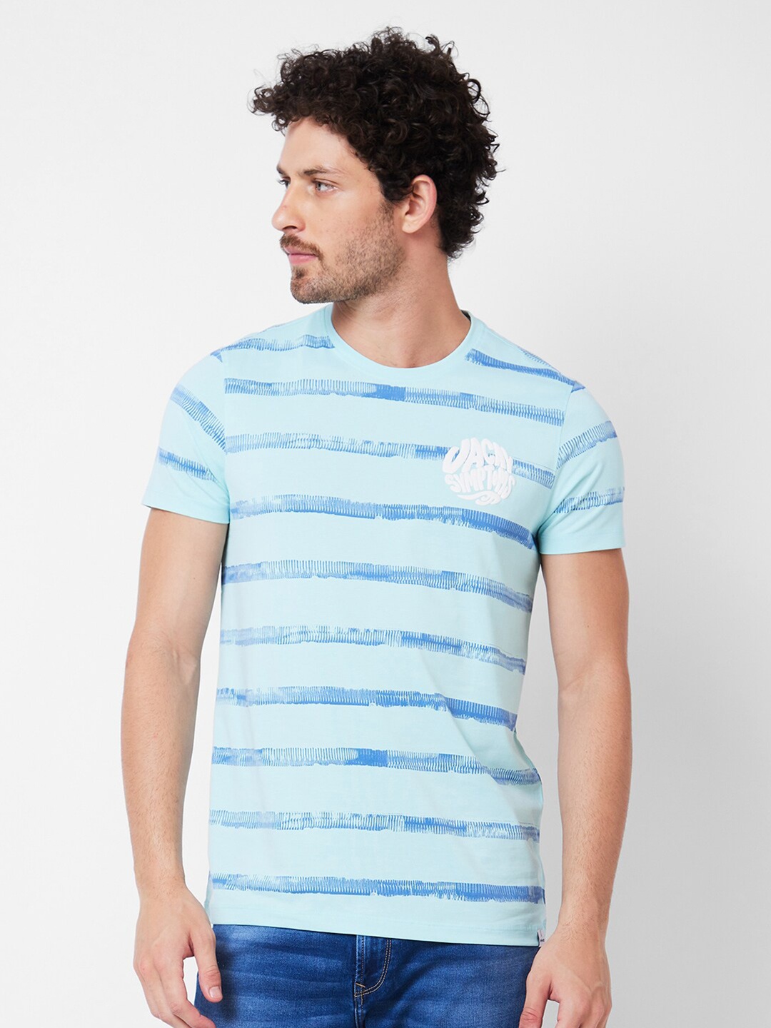 

SPYKAR Striped Cotton Slim Fit T-shirt, Blue