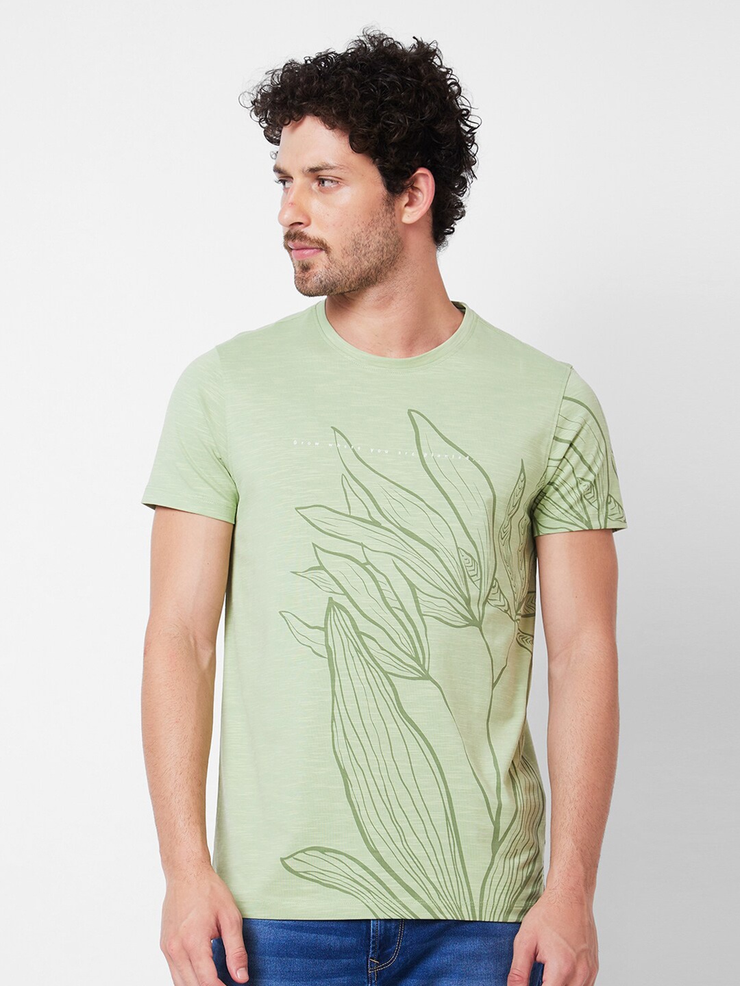 

SPYKAR Graphic Printed Cotton Slim Fit T-shirt, Green