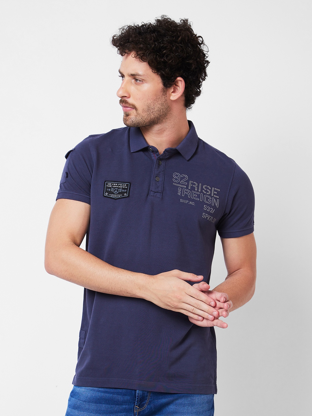 SPYKAR Typography Polo Collar Slim Fit Cotton T-shirt, Grey