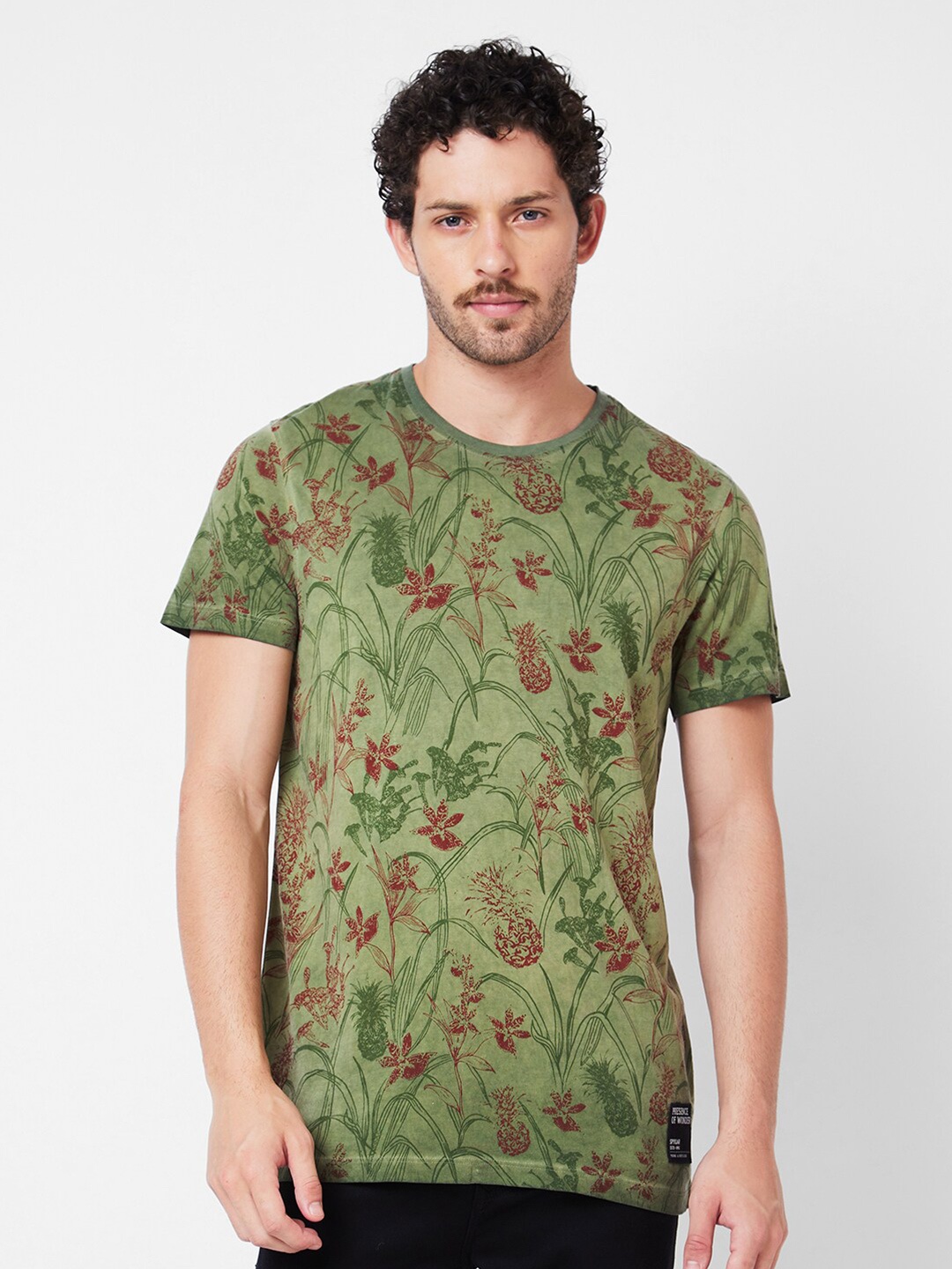 

SPYKAR Floral Printed Tropical Cotton Slim Fit T-shirt, Green