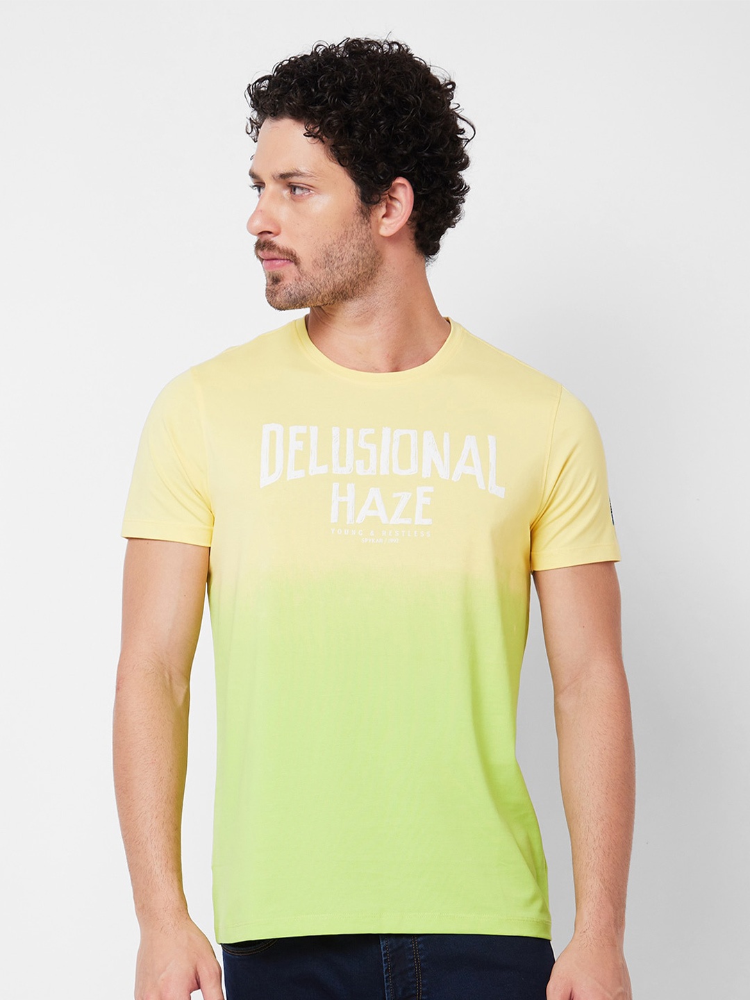 

SPYKAR Typography Printed Cotton Slim Fit T-shirt, Yellow