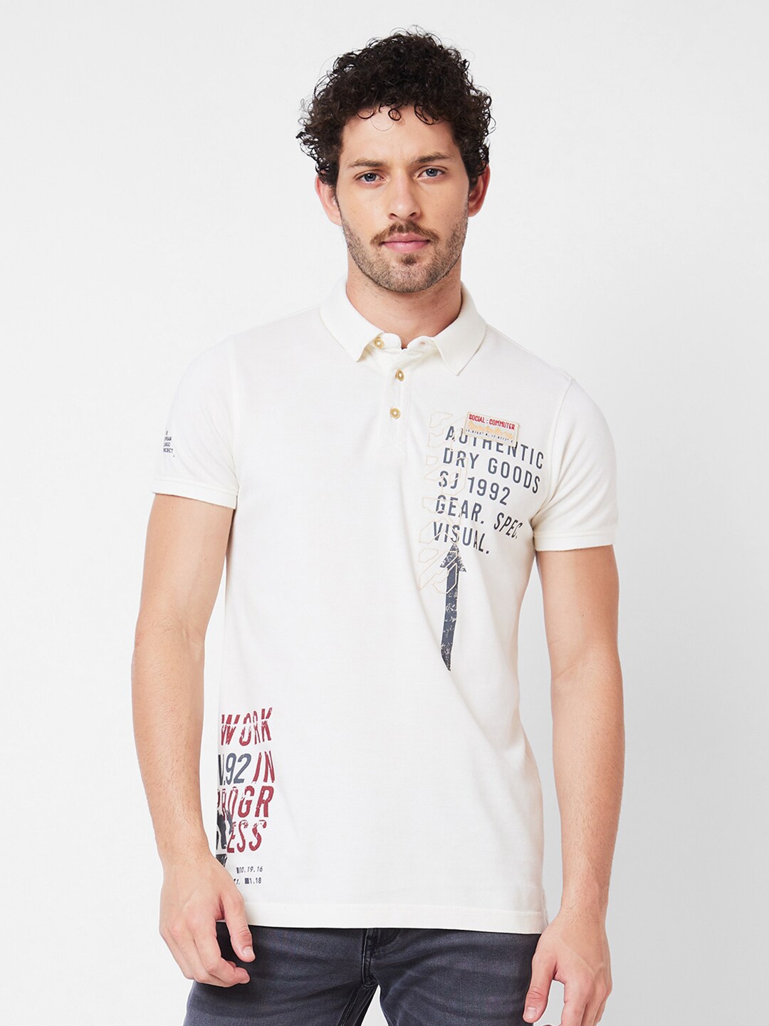 

SPYKAR Typography Printed Polo Collar Cotton Slim Fit T-shirt, White