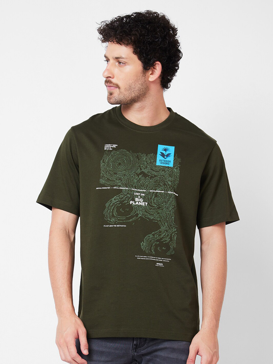 

SPYKAR Round Neck Typography Printed Cotton T-shirt, Green