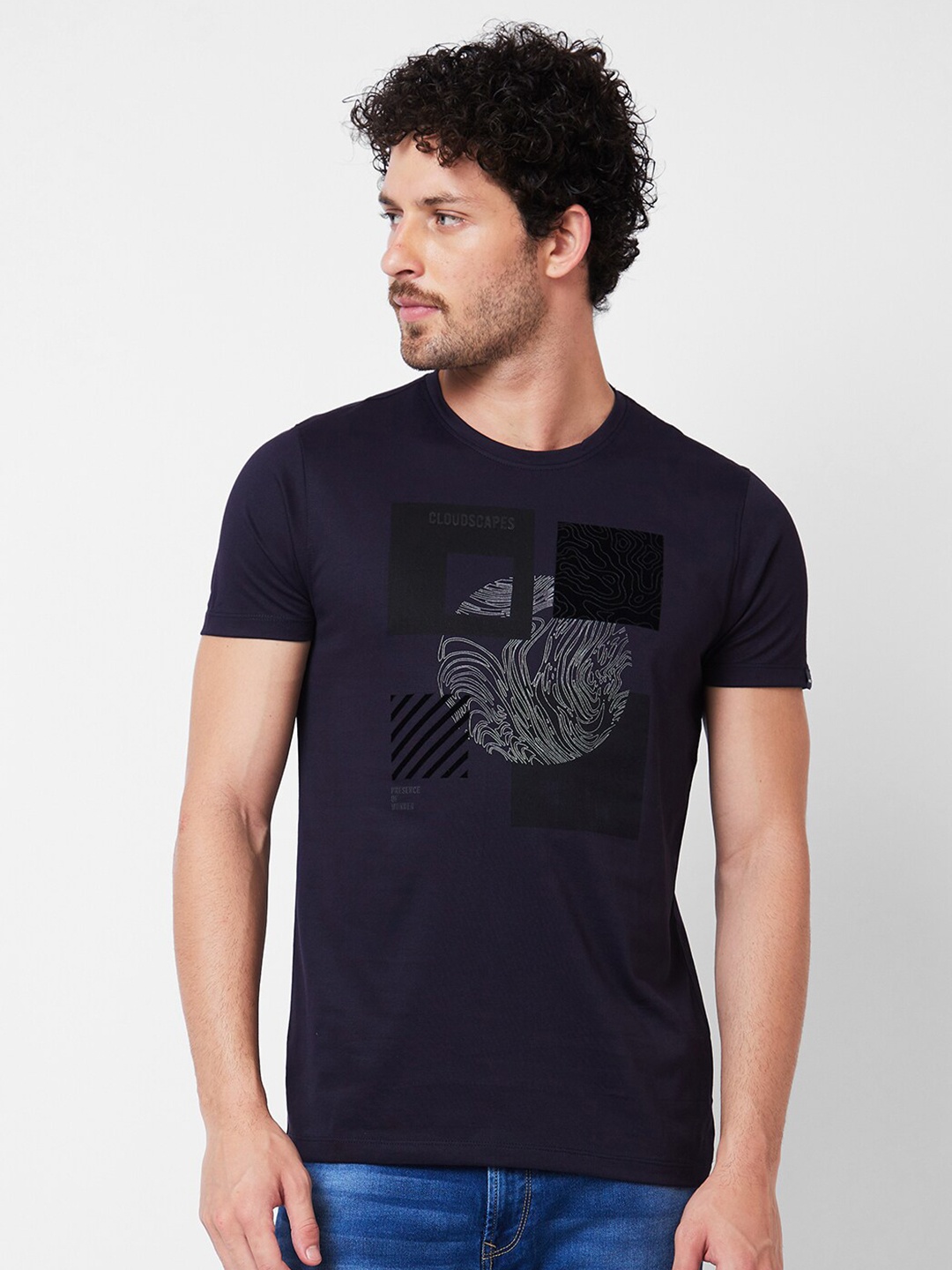 SPYKAR Round Neck Typography Printed Cotton Slim Fit T-shirt, Blue