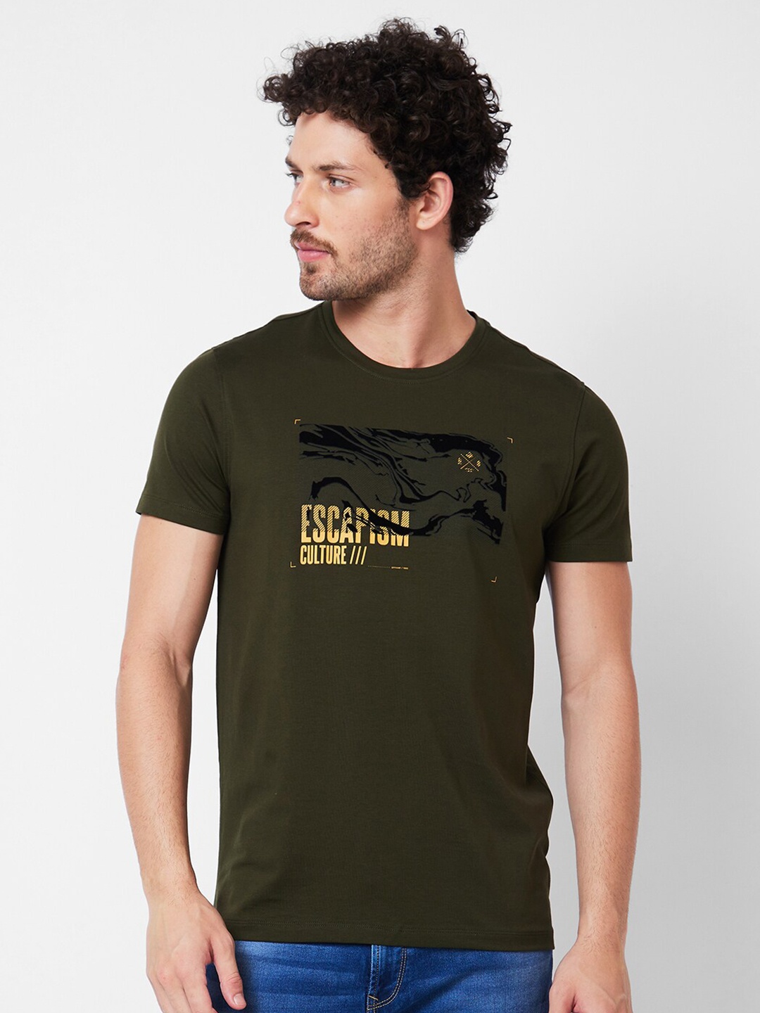 

SPYKAR Round Neck Typography Printed Cotton Slim Fit T-shirt, Green