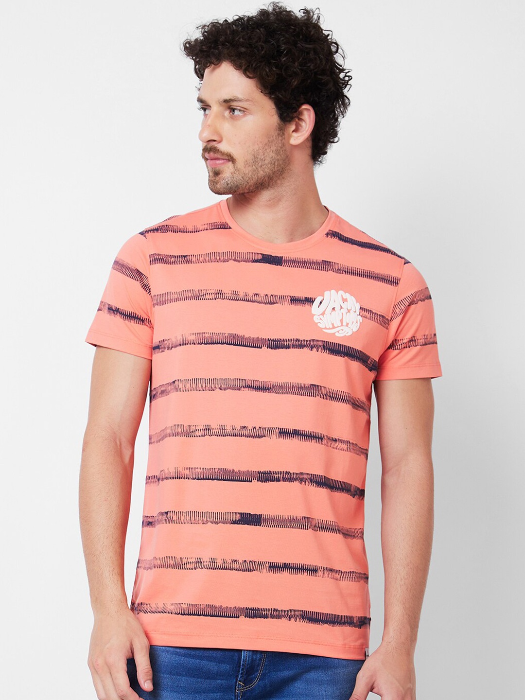 

SPYKAR Round Neck Striped Cotton Slim Fit T-shirt, Peach