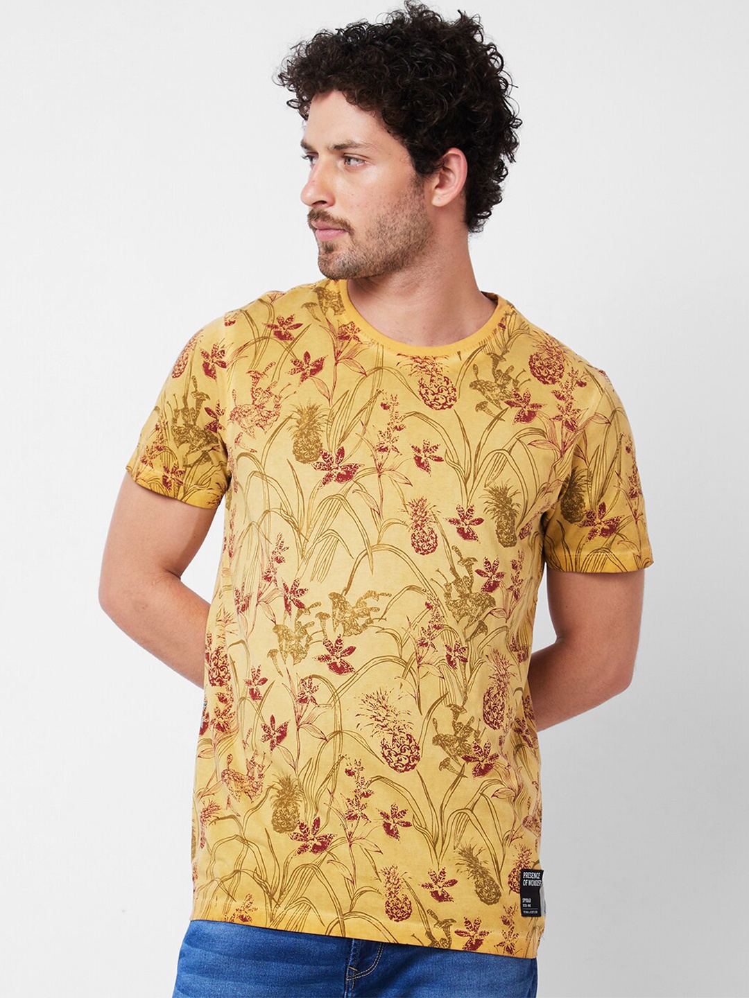 

SPYKAR Floral Printed Round Neck Cotton Slim Fit T-shirt, Khaki