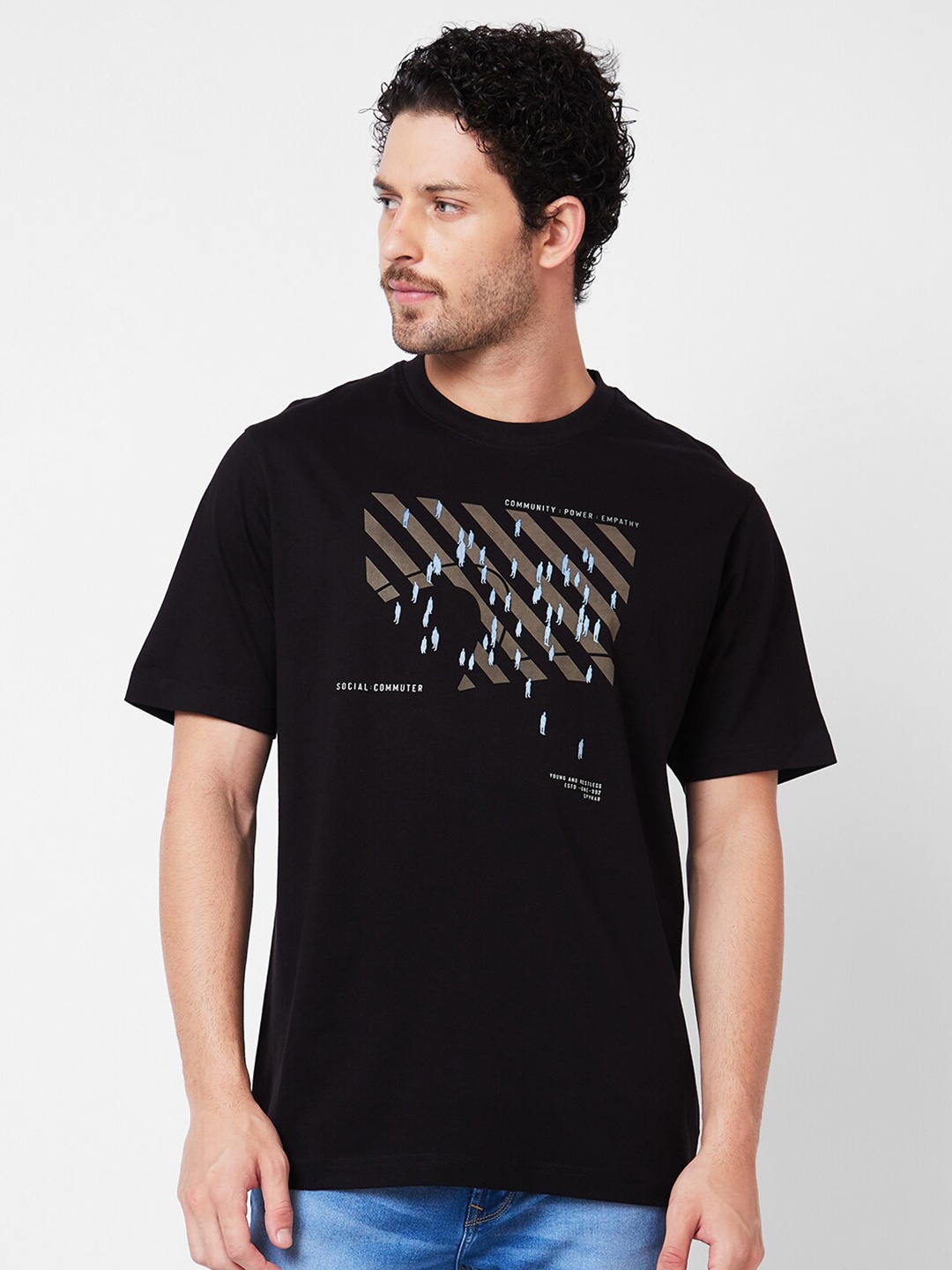 SPYKAR Typography Printed Round Neck Cotton Relaxed Fit T-shirt, Black