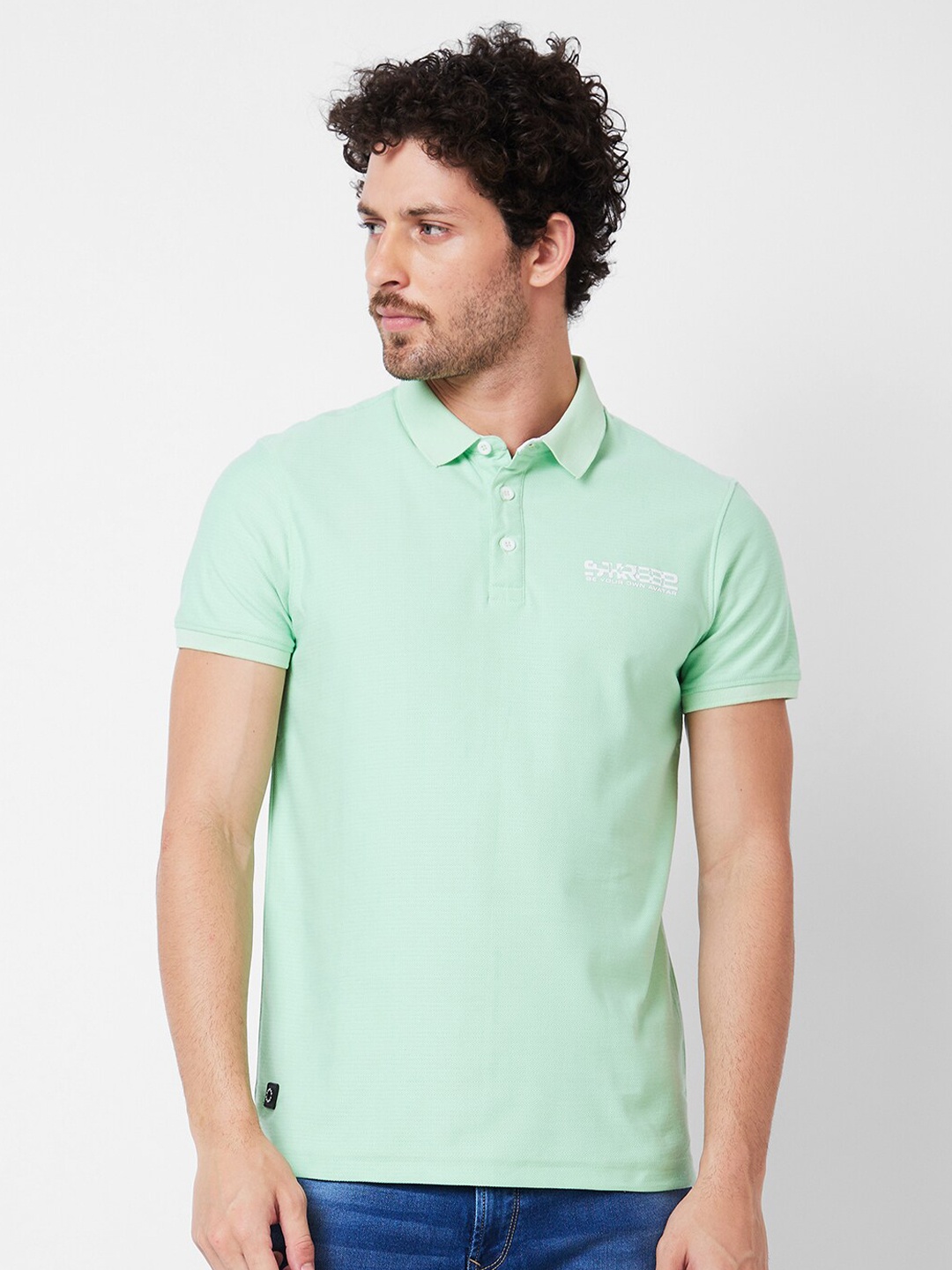 

SPYKAR Polo Collar Applique Cotton Slim Fit T-shirt, Green