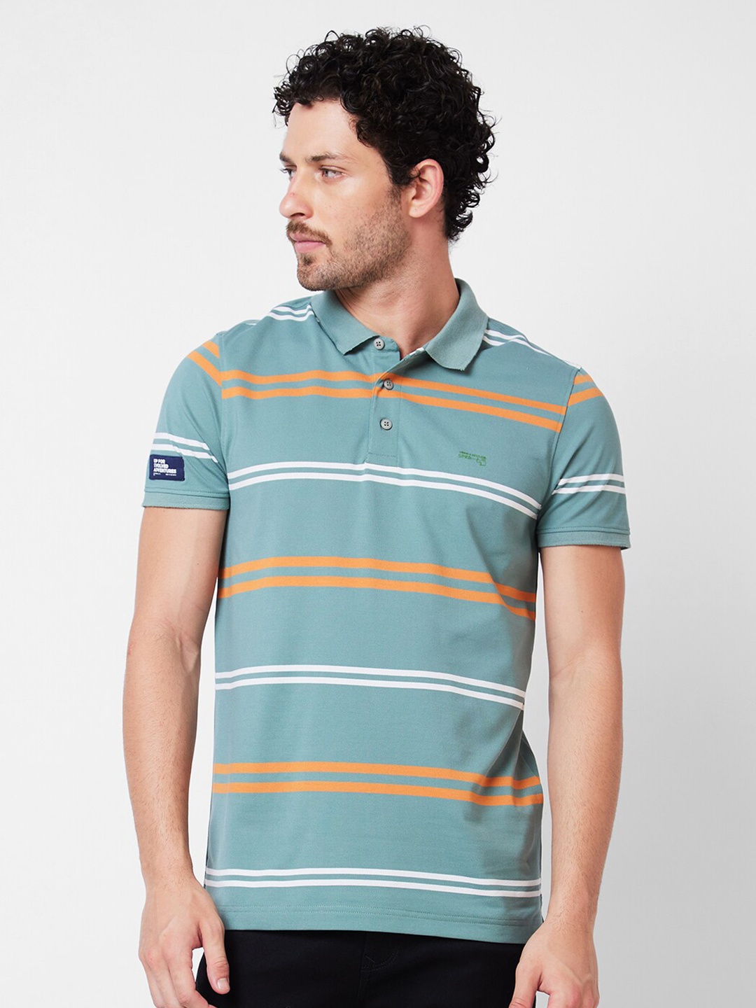 

SPYKAR Polo Collar Striped Applique Cotton Slim Fit T-shirt, Green