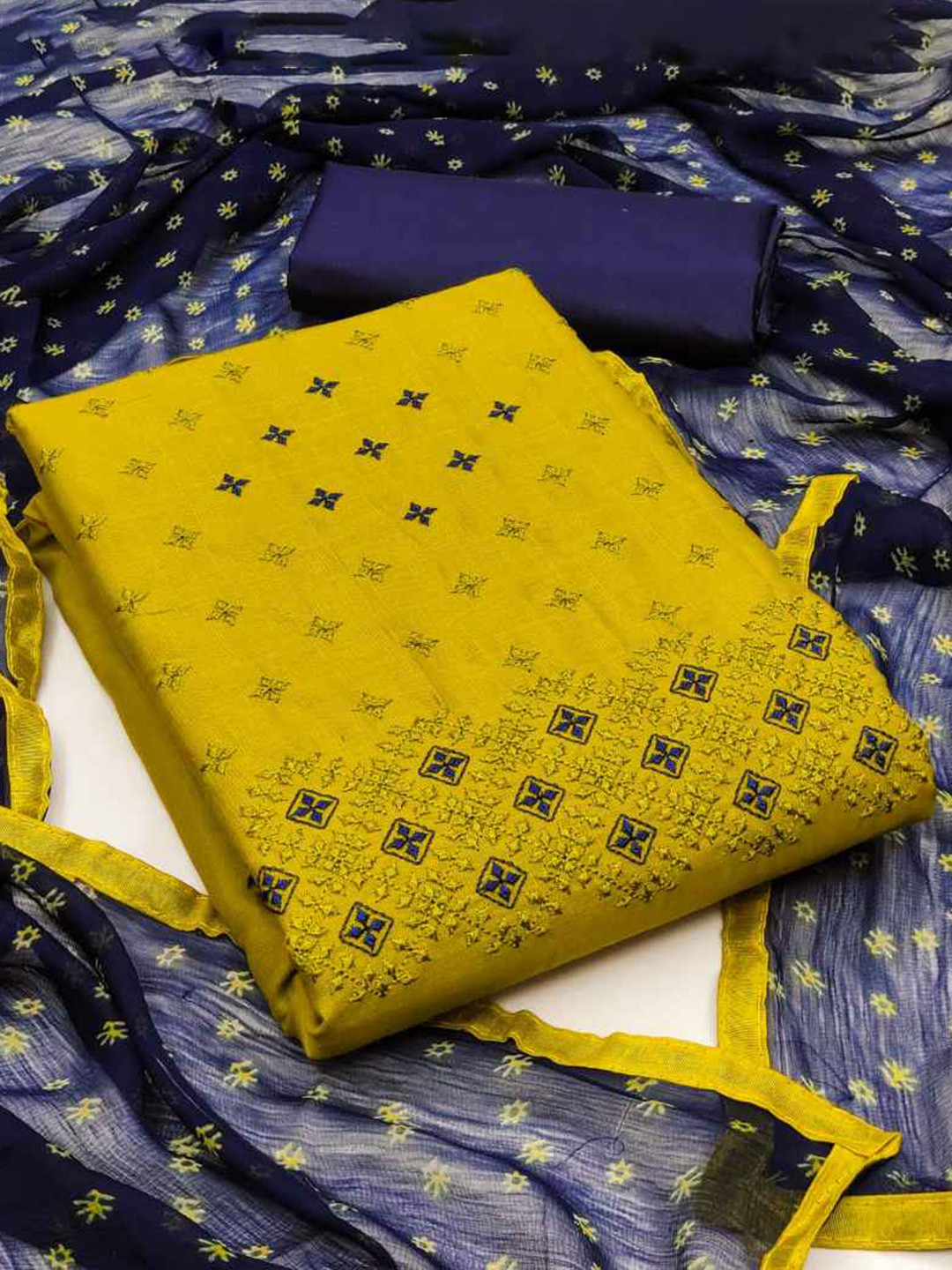 

faxofab Embroidered Unstitched Dress Material, Yellow
