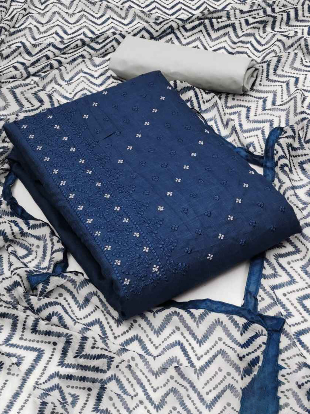 

faxofab Embroidered Unstitched Dress Material, Navy blue