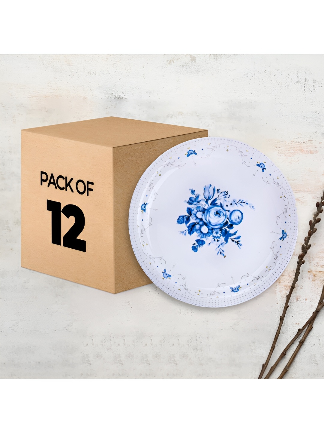 

USHA SHRIRAM Blue 12 Pieces Floral Printed Melamine Plates