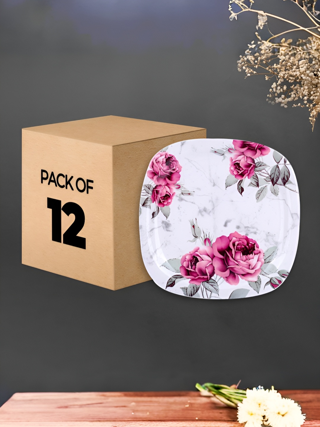 

USHA SHRIRAM Pink 12 Pieces Floral Printed Melamine Plates
