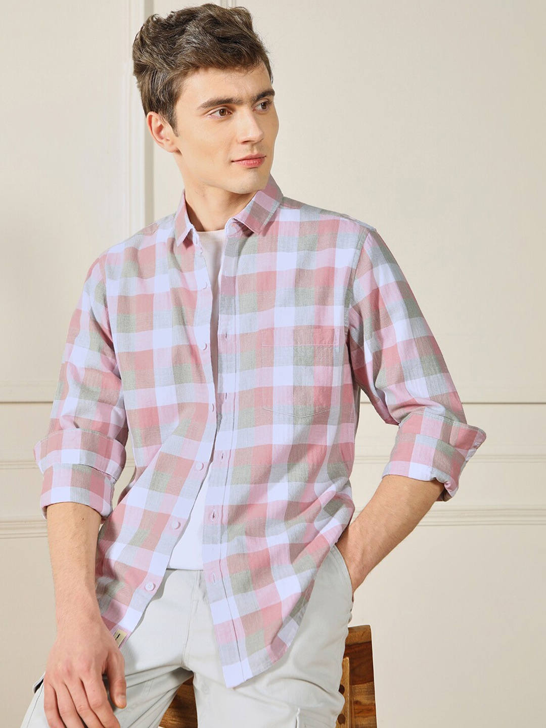 

Dennis Lingo Tartan Checks Spread Collar Cotton Casual Shirt, Multi