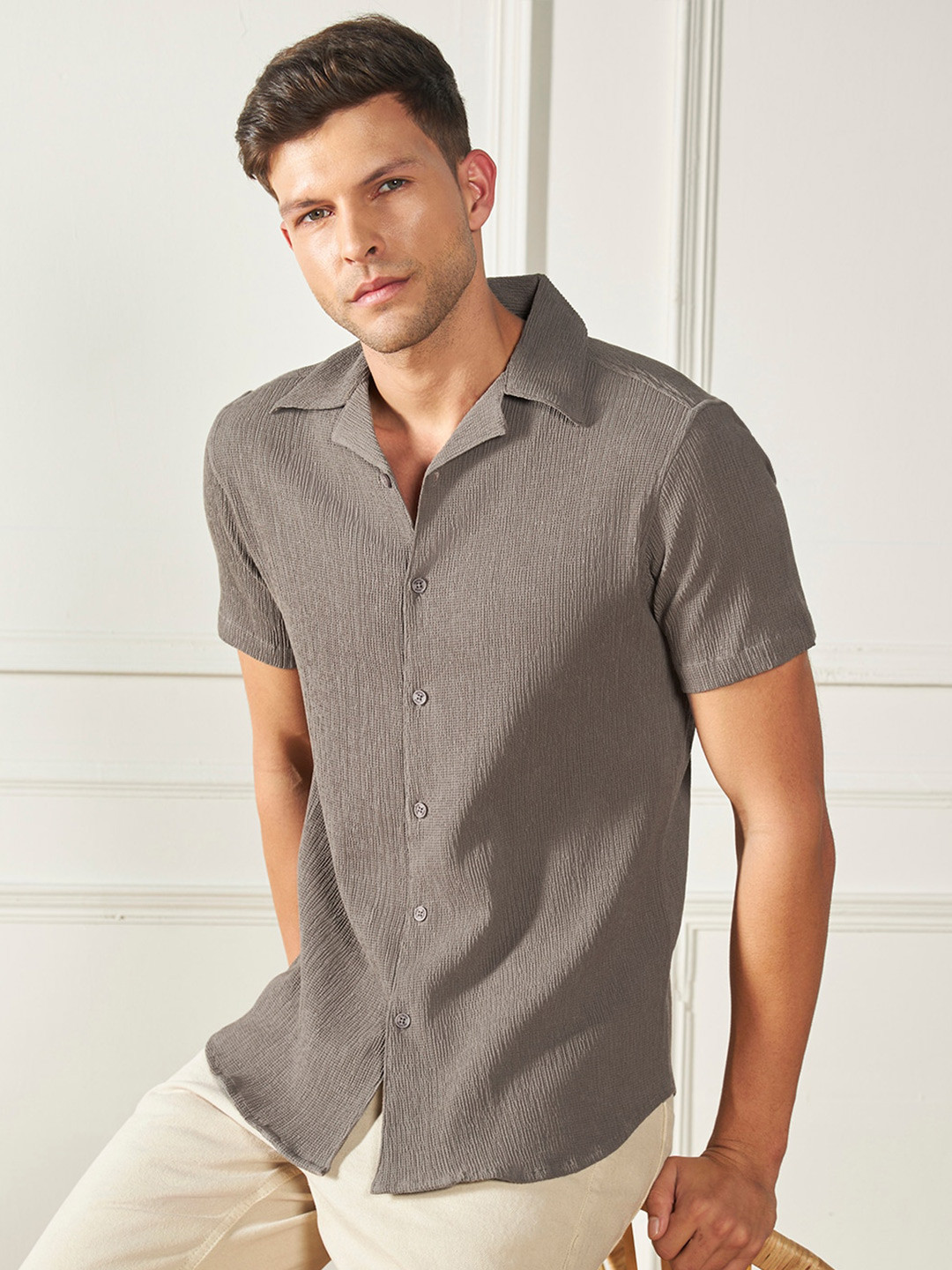 

Dennis Lingo Cuban Collar Textured Regular Fit Casual Shirt, Brown