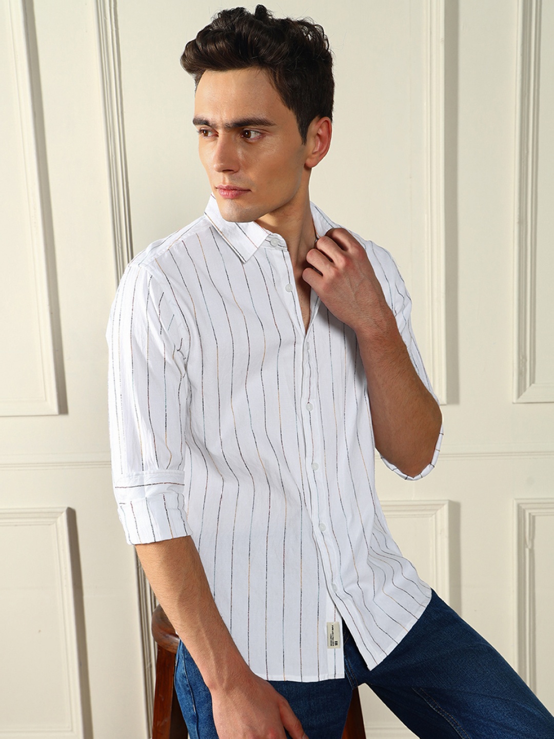

Dennis Lingo Men Spread Collar Striped Casual Shirt, Off white