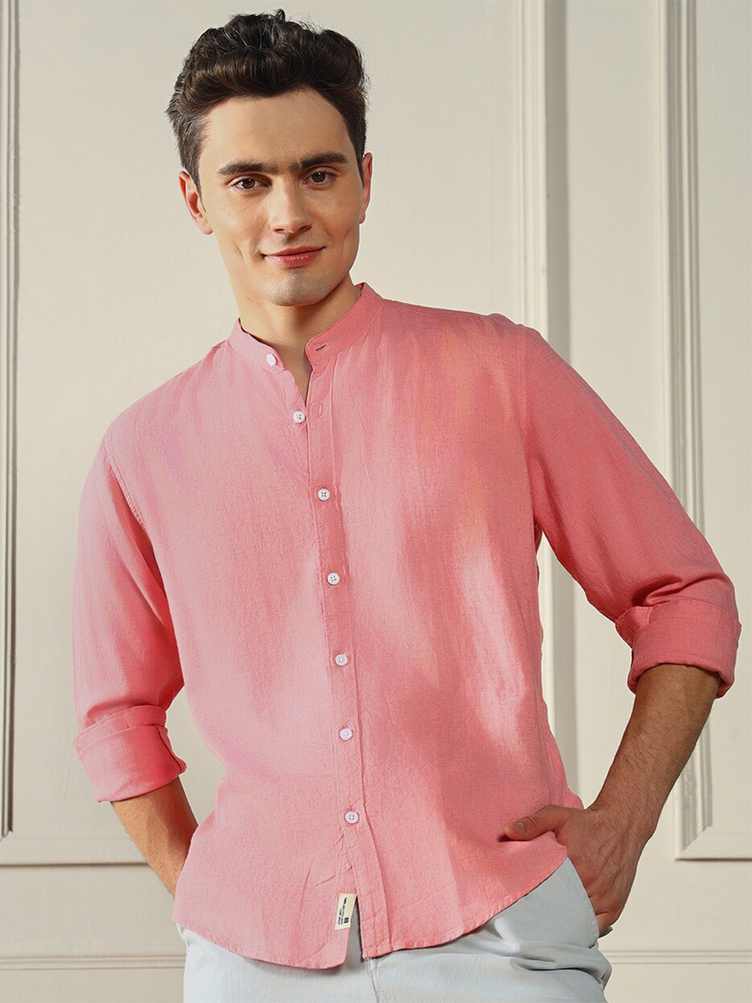 

Dennis Lingo Mandarin Collar Linen Blend Casual Shirt, Pink