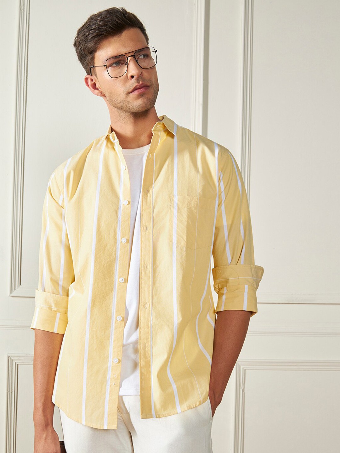 

Dennis Lingo Vertical Stripes Spread Collar Cotton Regular Fit Casual Shirt, Yellow