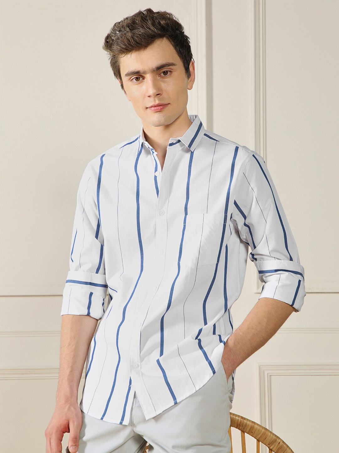 

Dennis Lingo Spread Collar Striped Cotton Regular Fit Casual Shirt, White