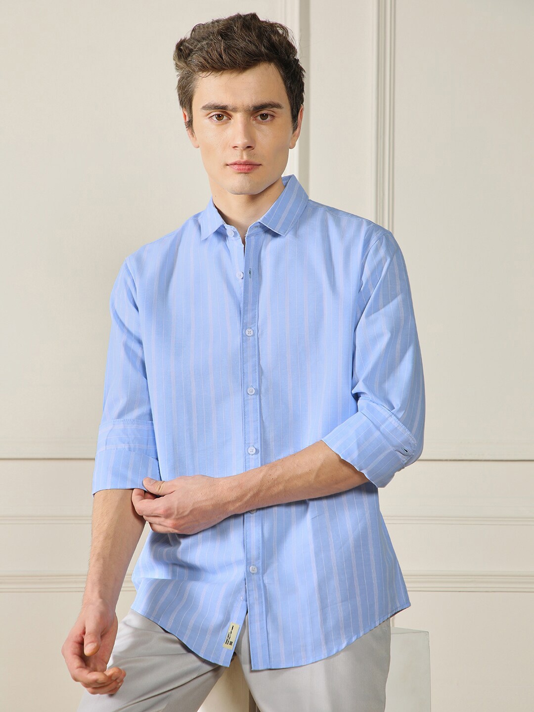 

Dennis Lingo Vertical Stripes Spread Collar Cotton Linen Casual Shirt, Blue