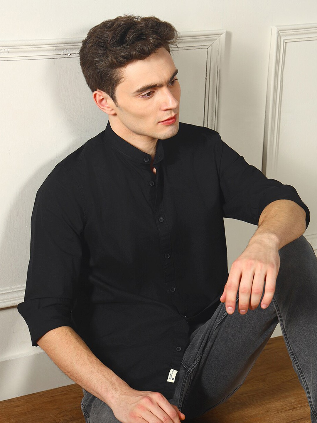 

Dennis Lingo Mandarin Collar Cotton Linen Regular Fit Casual Shirt, Black