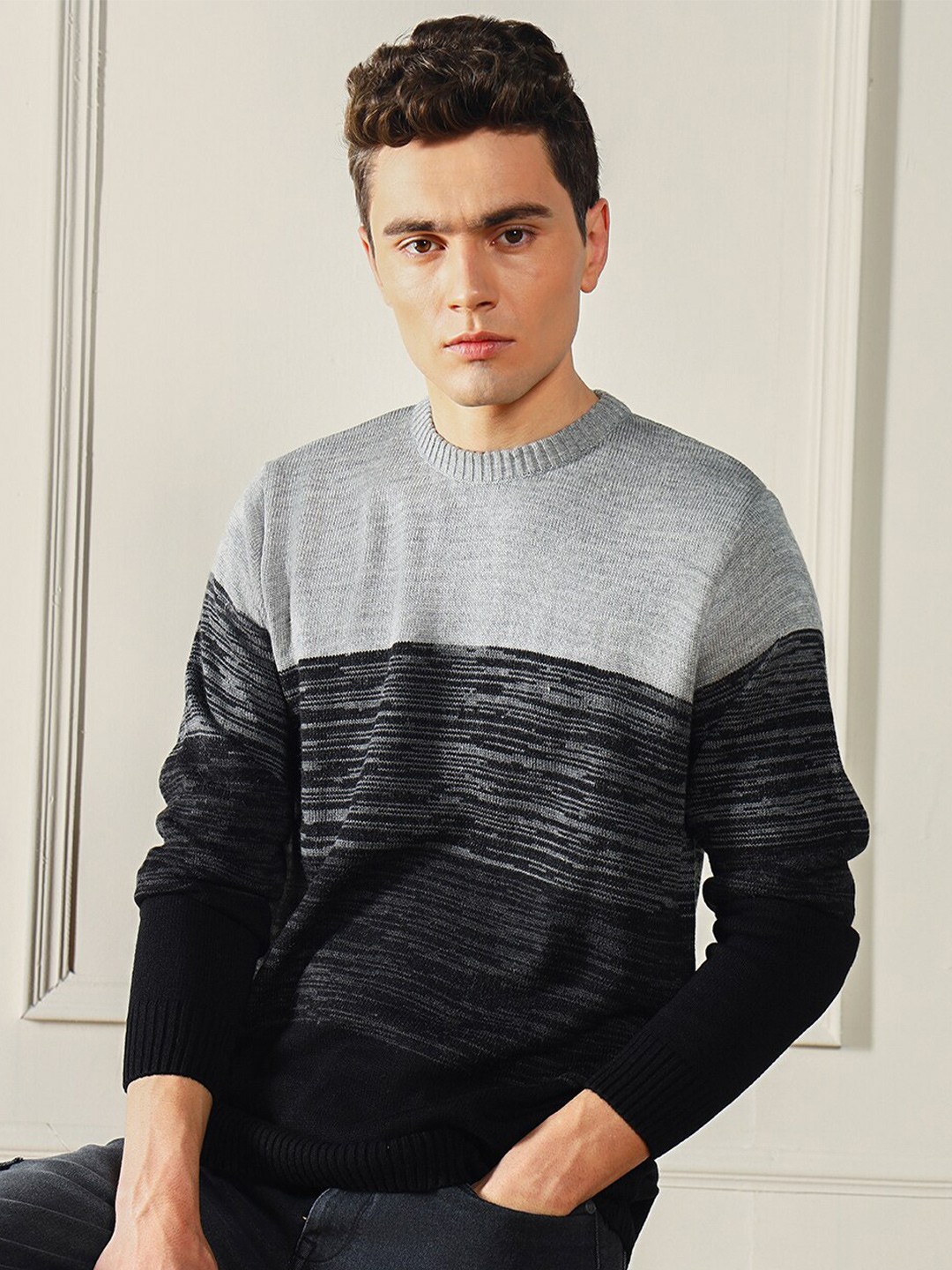 

Dennis Lingo Round Neck Colourblocked Acrylic Ribbed Pullover Sweater, Grey