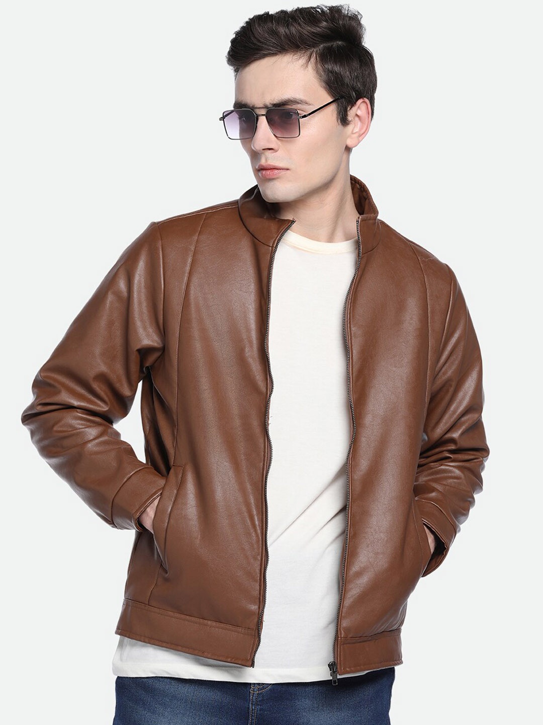 

Dennis Lingo Mock Collar Leather Jacket, Tan