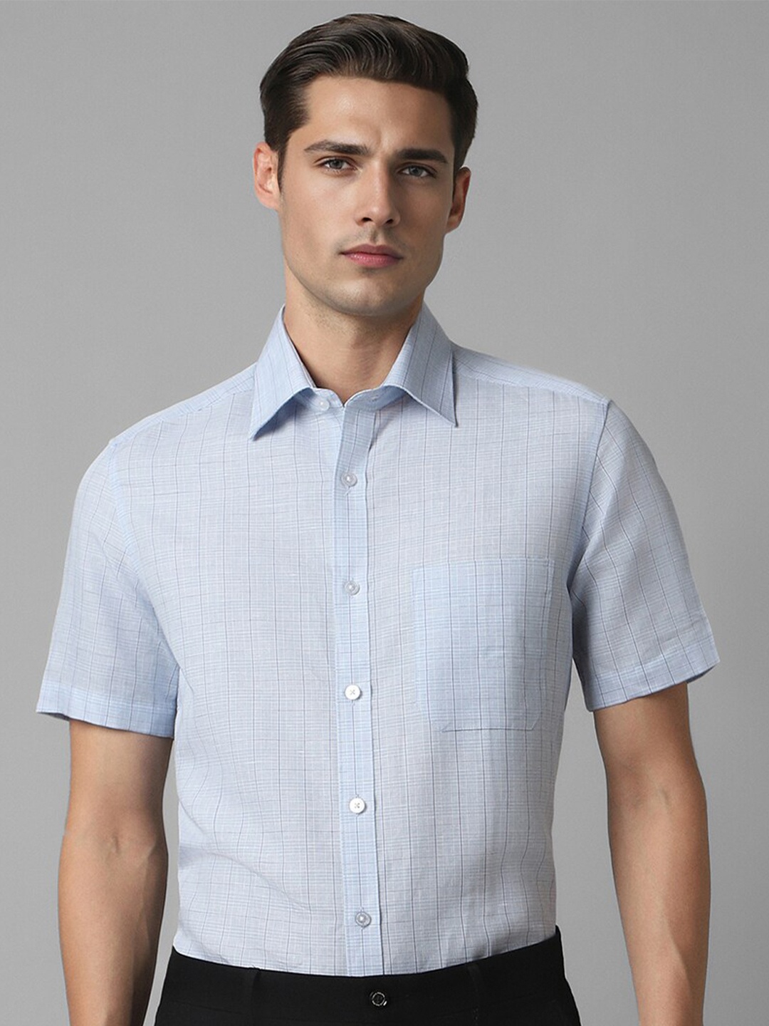 

Louis Philippe Classic Grid Tattersall Checked Cotton Linen Formal Shirt, Blue