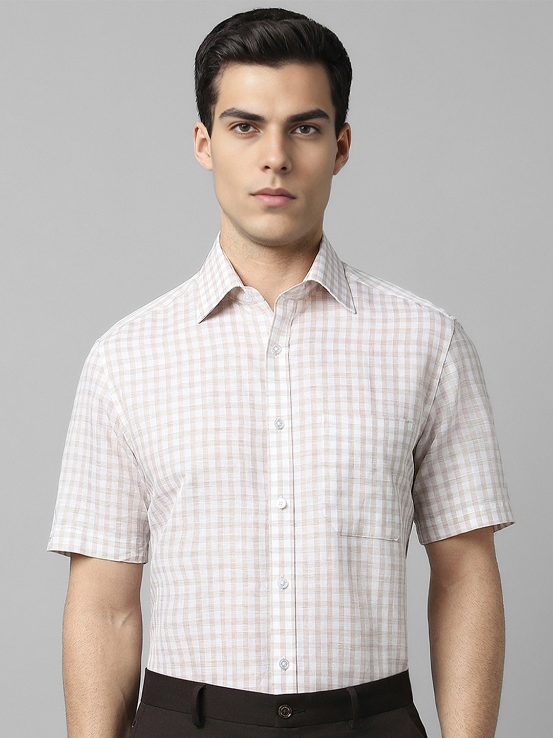 

Louis Philippe Classic Grid Tattersall Checked Cotton Formal Shirt, Beige