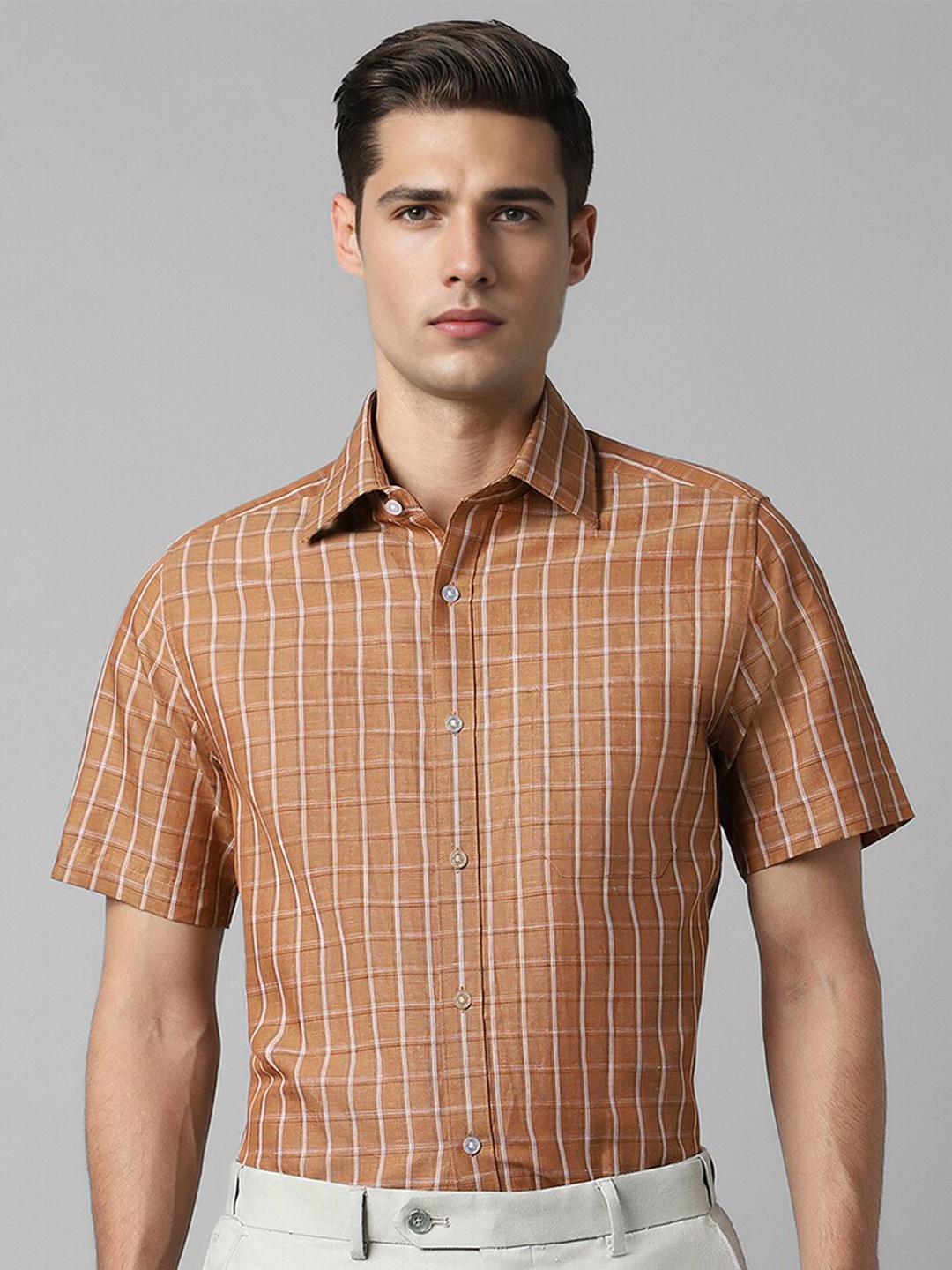 

Louis Philippe Classic Opaque Checked Linen Formal Shirt, Orange