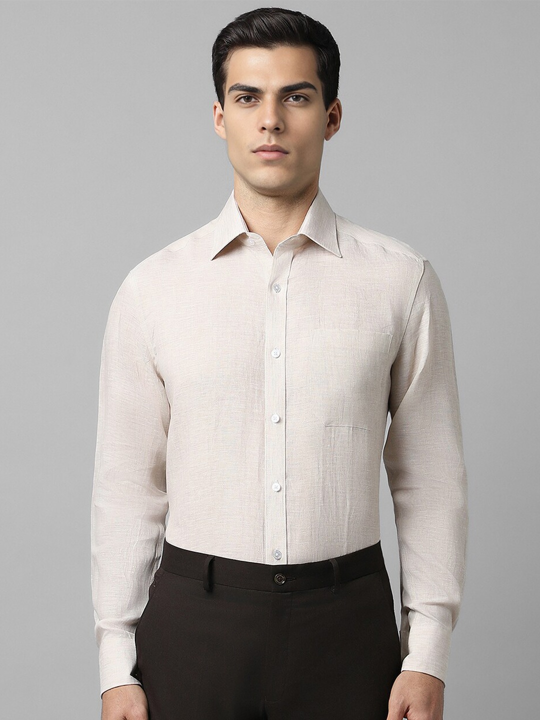 

Louis Philippe Self Design Textured Slim Fit Linen Opaque Formal Shirt, Beige