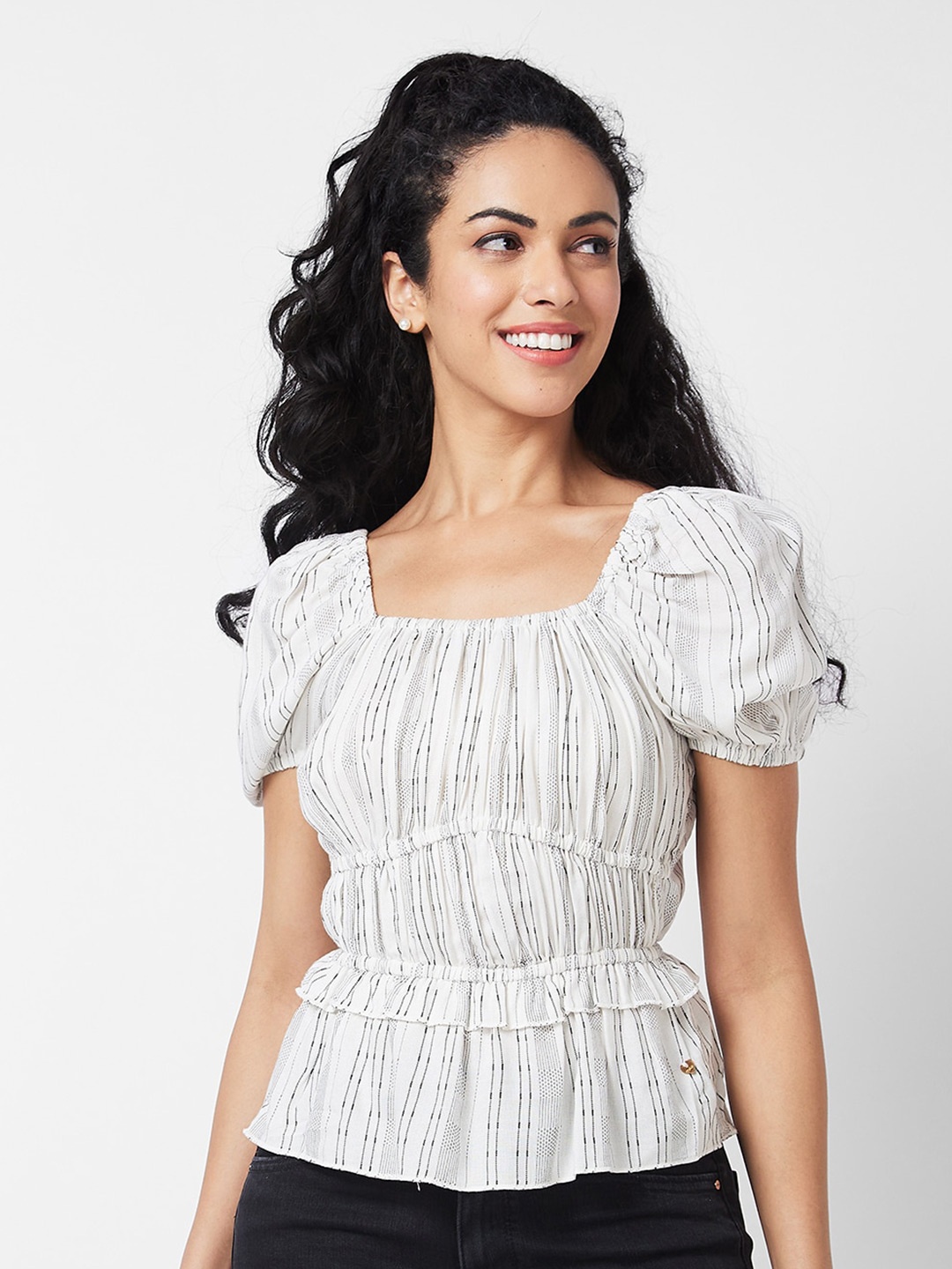 

SPYKAR Vertical Striped Square Neck Puff Sleeves Cotton Cinched Waist Top, White