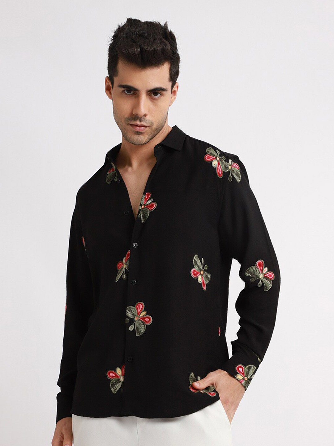 

Banana Club Relaxed Slim Fit Butterfly Embroidered Casual Shirt, Black