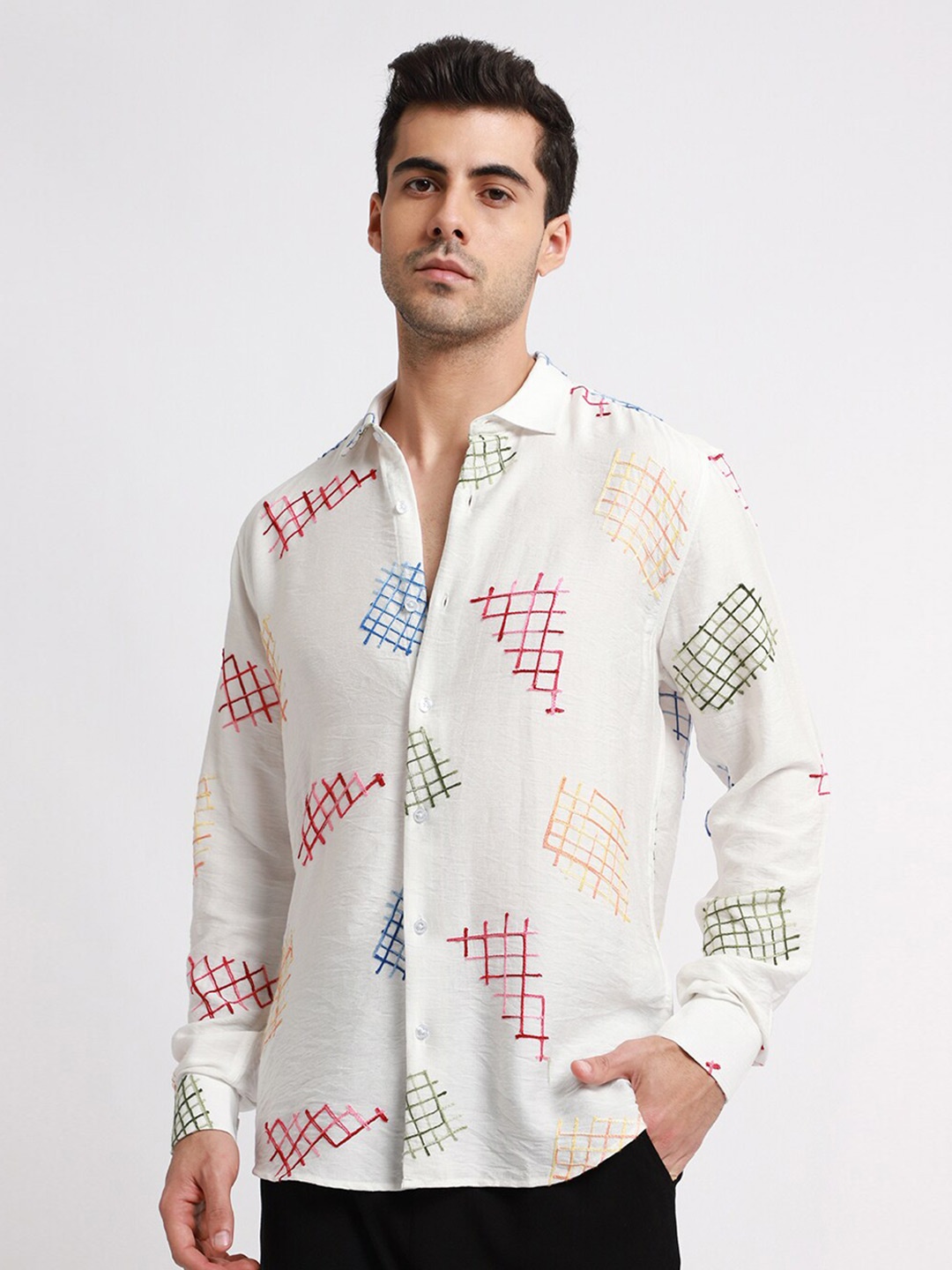 

Banana Club Relaxed Slim Fit Geometric Embroidered Casual Shirt, White