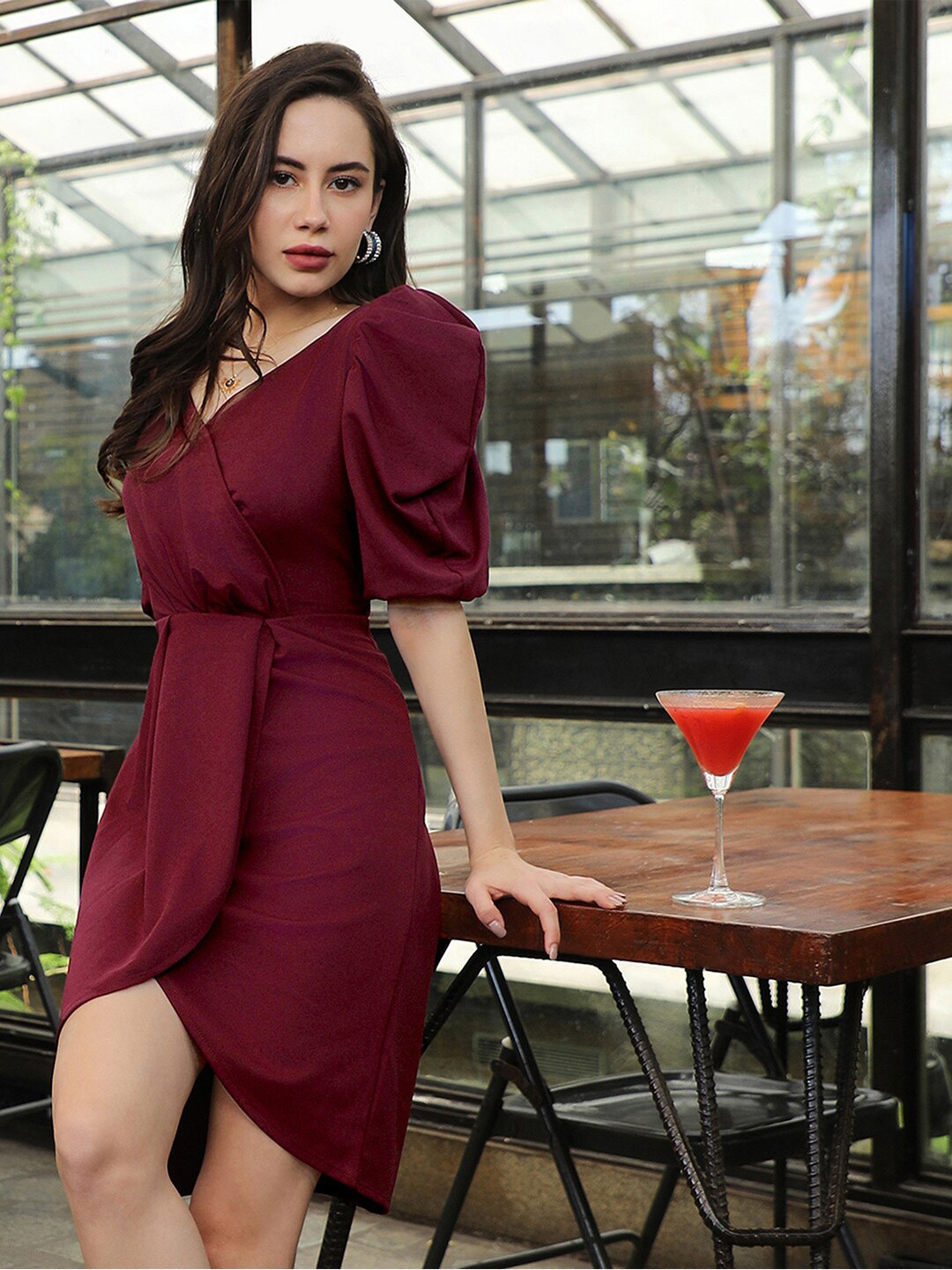 

PINACOLADA V-Neck Puff Sleeves Wrap Dress, Maroon