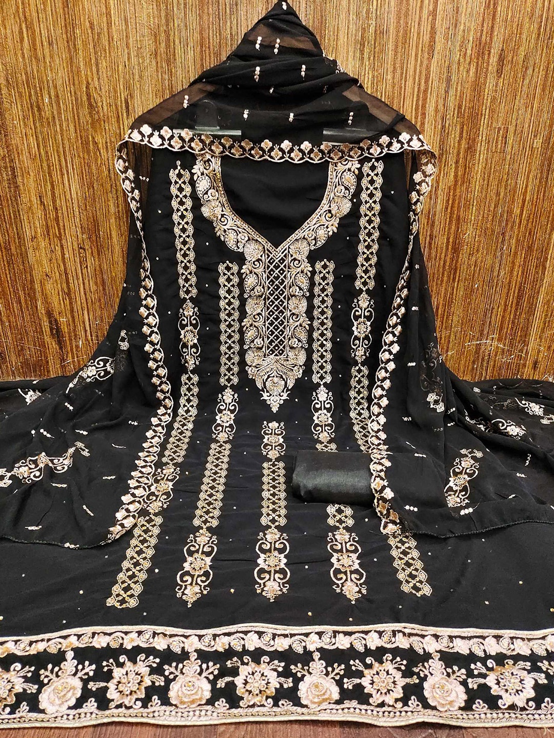 

KALINI Ethnic Motifs Embroidered Unstitched Dress Material, Black