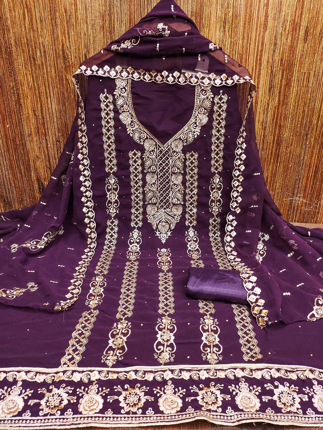 

KALINI Ethnic Motifs Embroidered Unstitched Dress Material, Purple
