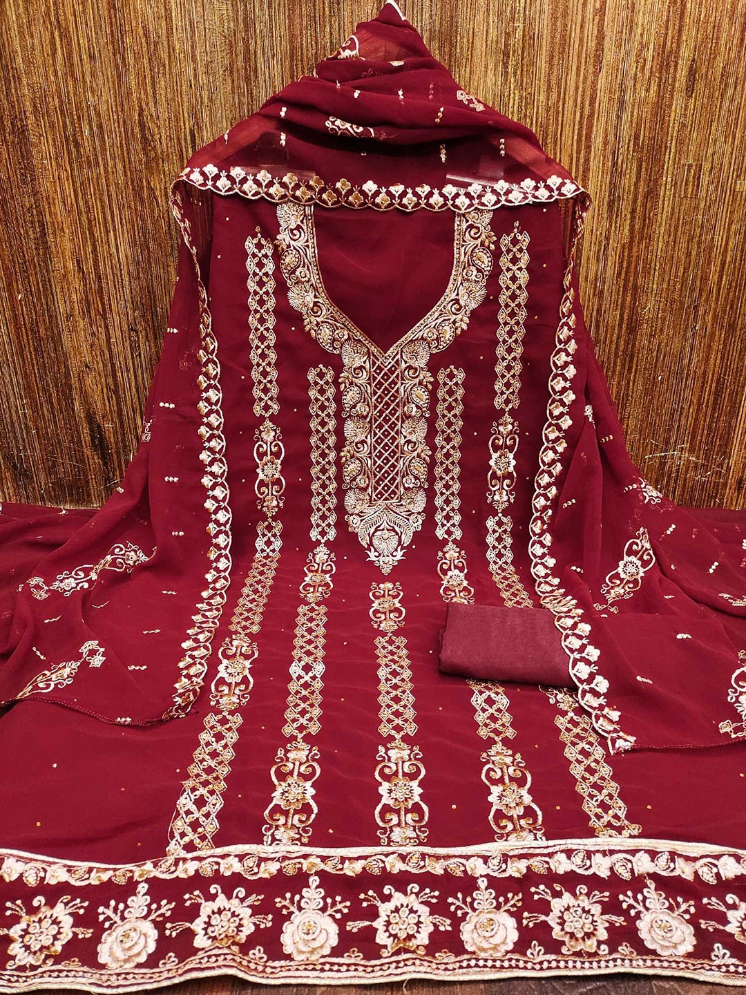 

KALINI Ethnic Motifs Embroidered Unstitched Dress Material, Red