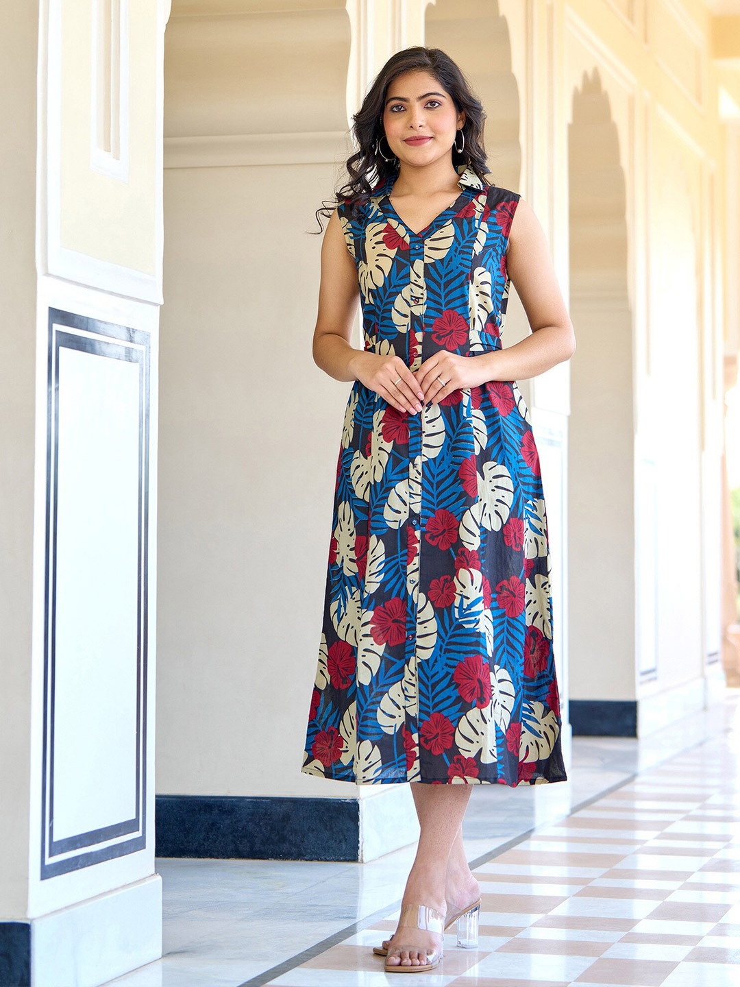 

Nayo Floral Print A-Line Cotton Maxi Dress, Blue