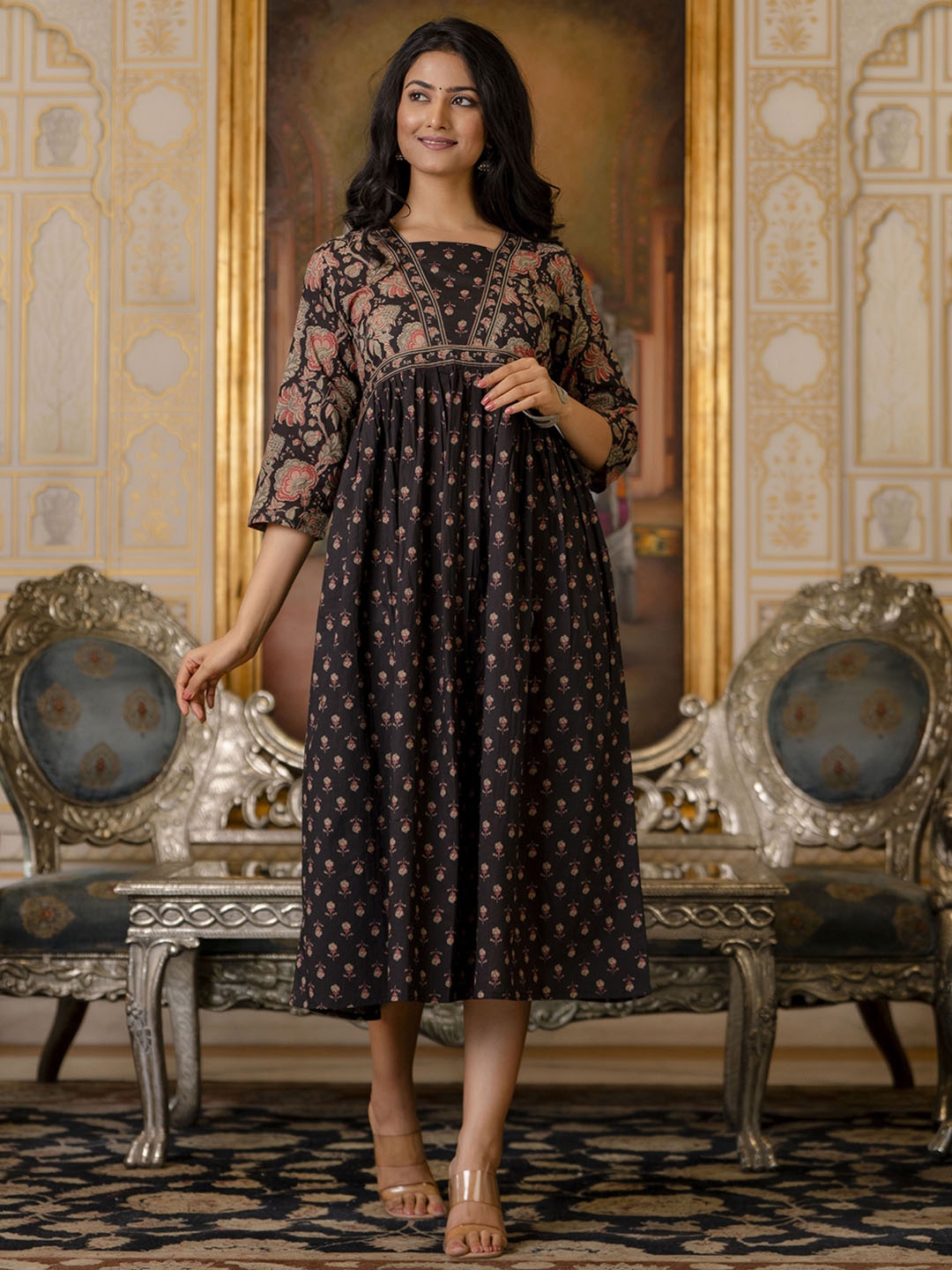

Nayo Floral Print A-Line Dress, Black