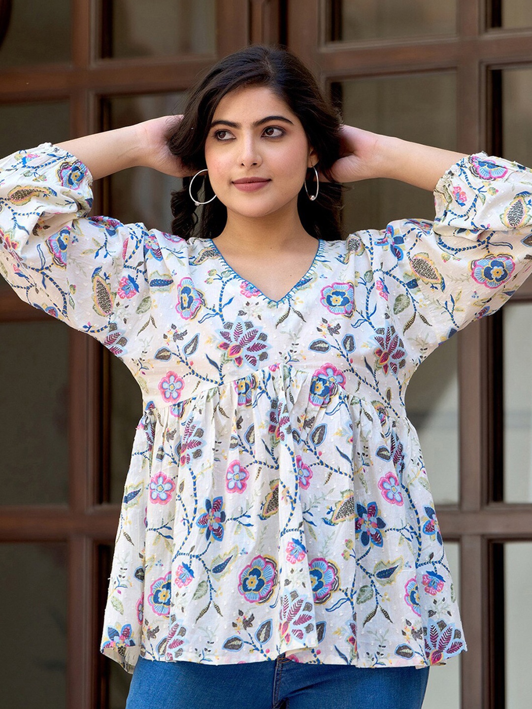 

Nayo Floral Printed Cotton Empire Top, Off white